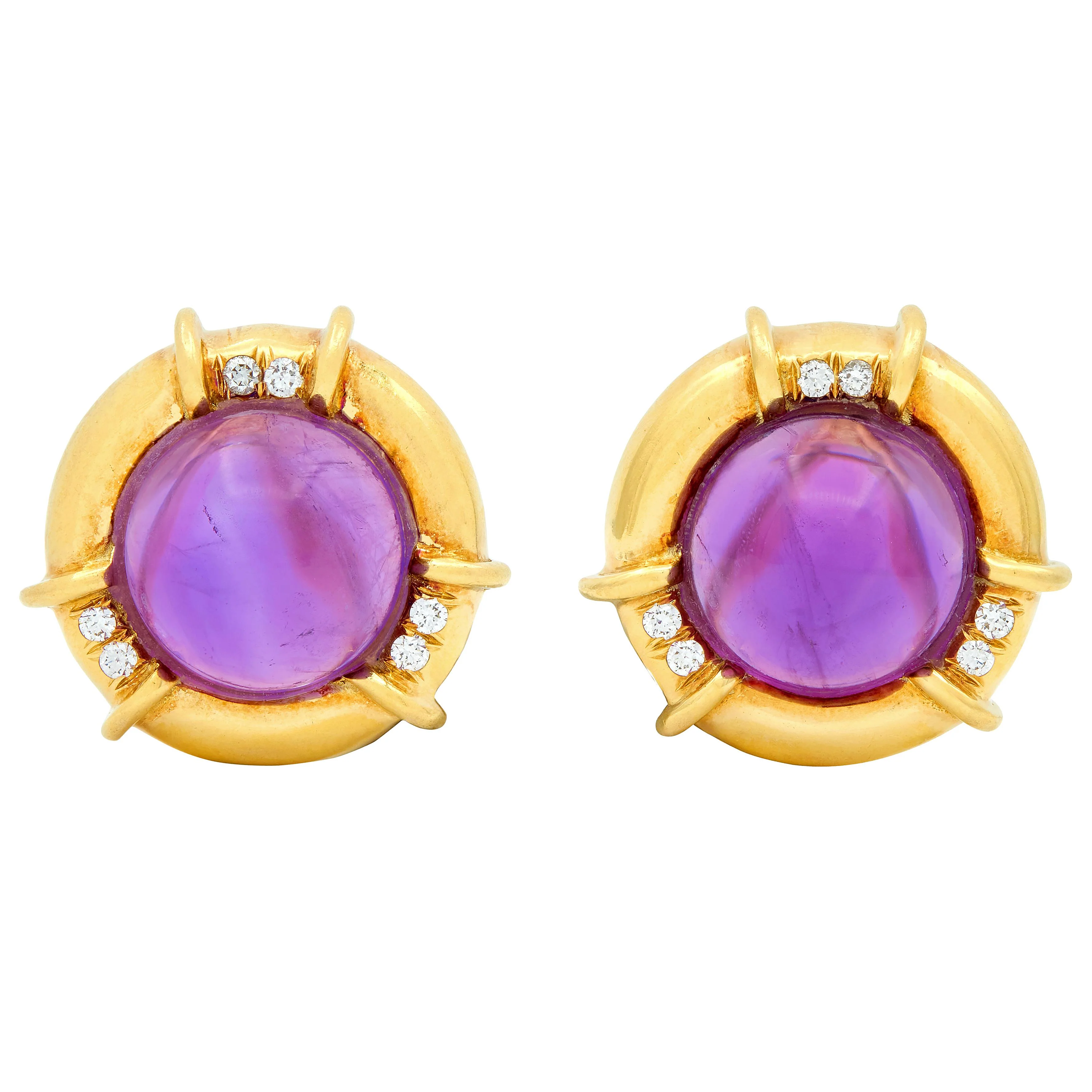 Tiffany & Co. 1985 Amethyst Diamond 18 Karat Yellow Gold Vintage Ear-Clip Earrings