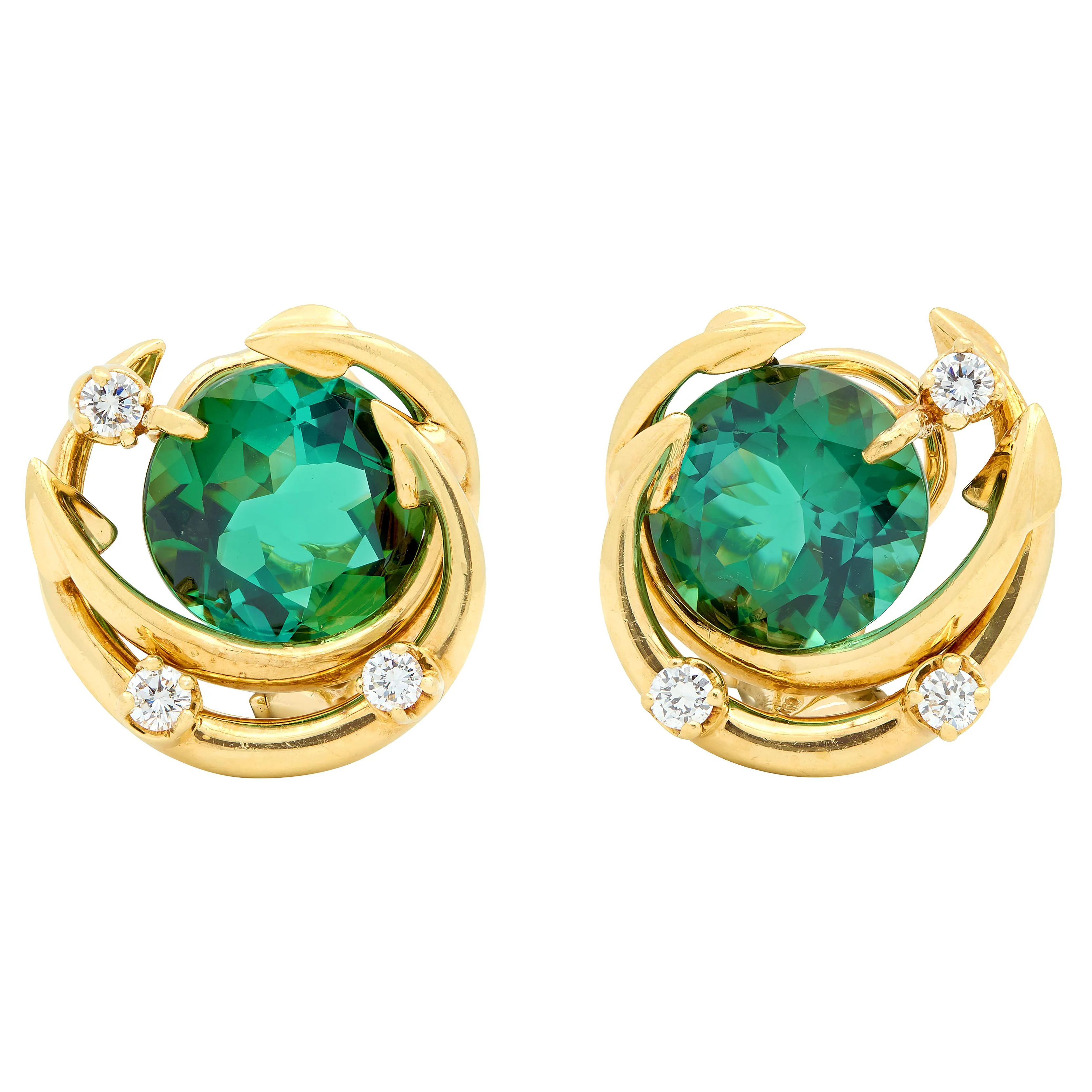 Tiffany & Co. 2000's Tourmaline Diamond 18 Karat Yellow Gold Contemporary Swirl Earrings