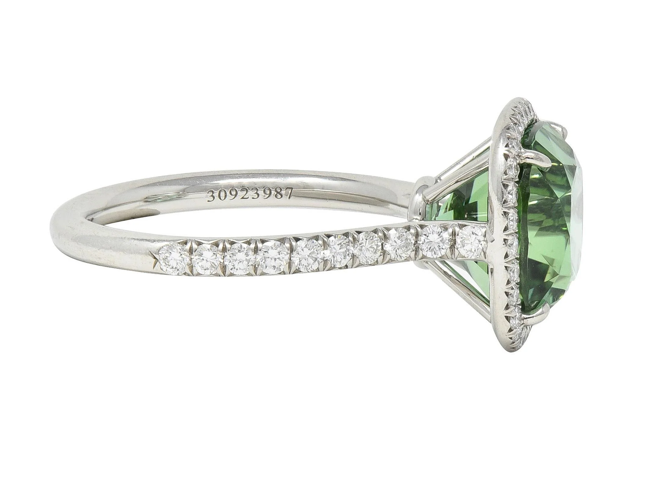 Tiffany & Co. 4.38 CTW Green Tourmaline Diamond Platinum Soleste Halo Ring - Image 7