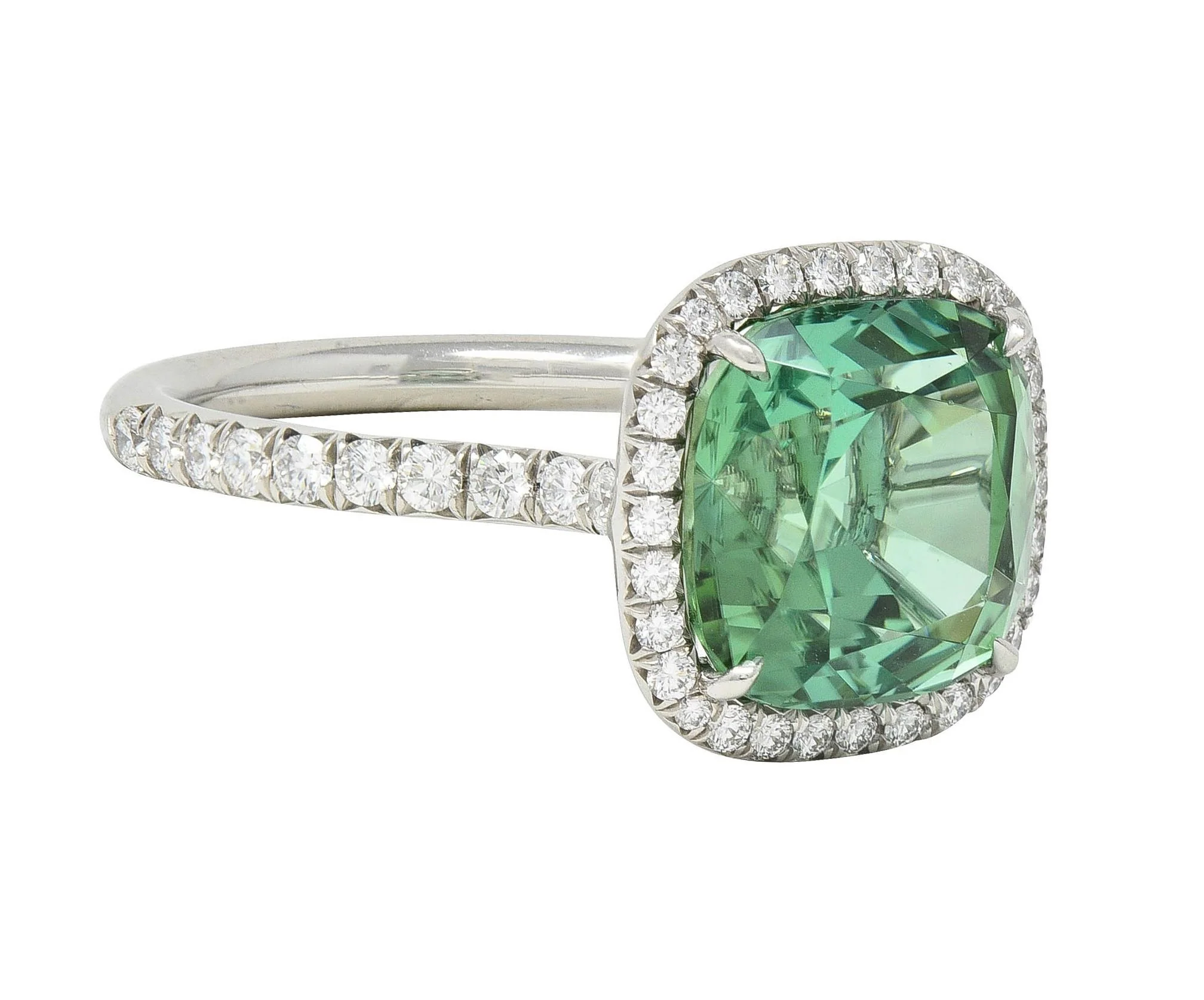 Tiffany & Co. 4.38 CTW Green Tourmaline Diamond Platinum Soleste Halo Ring - Image 2