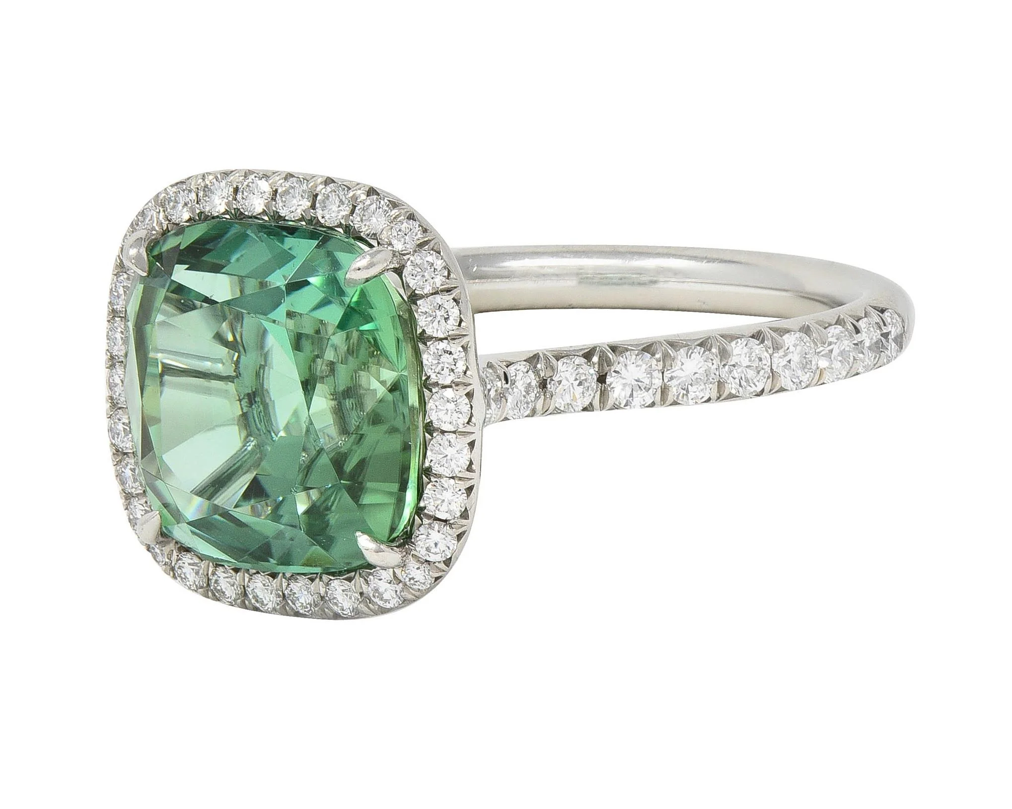Tiffany & Co. 4.38 CTW Green Tourmaline Diamond Platinum Soleste Halo Ring - Image 7