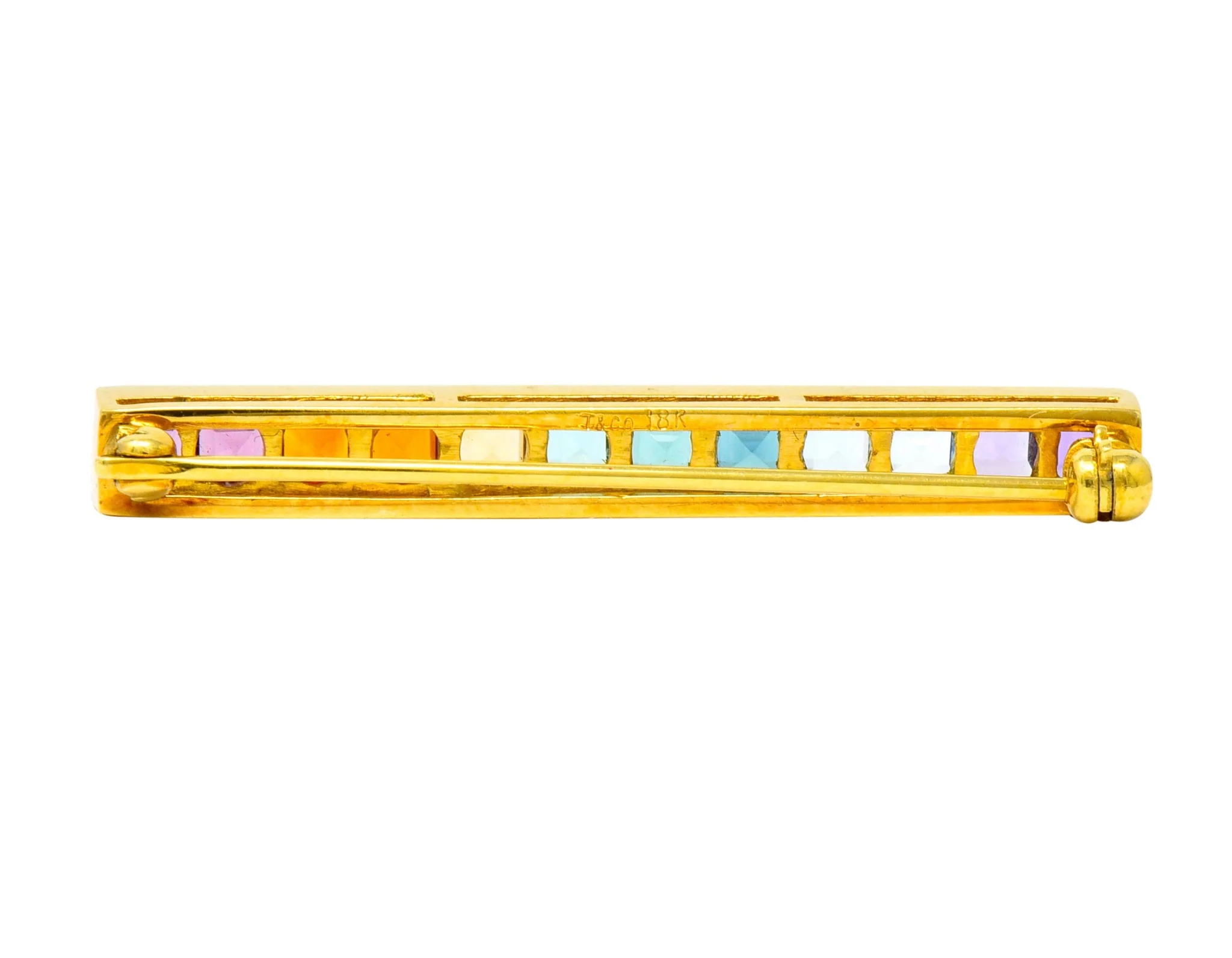Tiffany & Co. Amethyst Citrine Multi-Gem 18 Karat Gold Rainbow Bar Brooch - Image 4