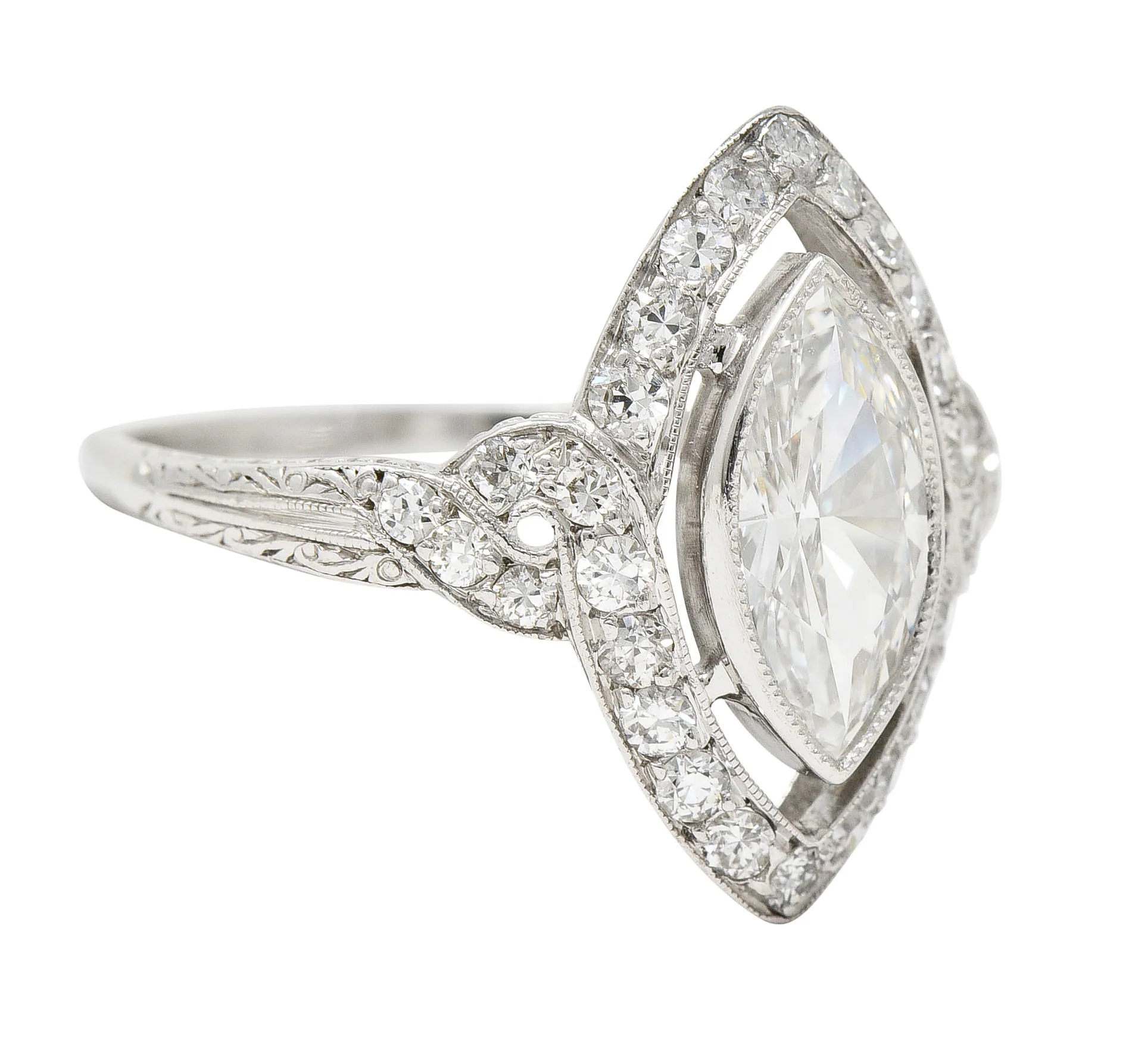 Tiffany & Co. Art Deco 1.30 CTW Marquise Cut Diamond Platinum Twisting Halo Engagement Ring GIA - Image 2