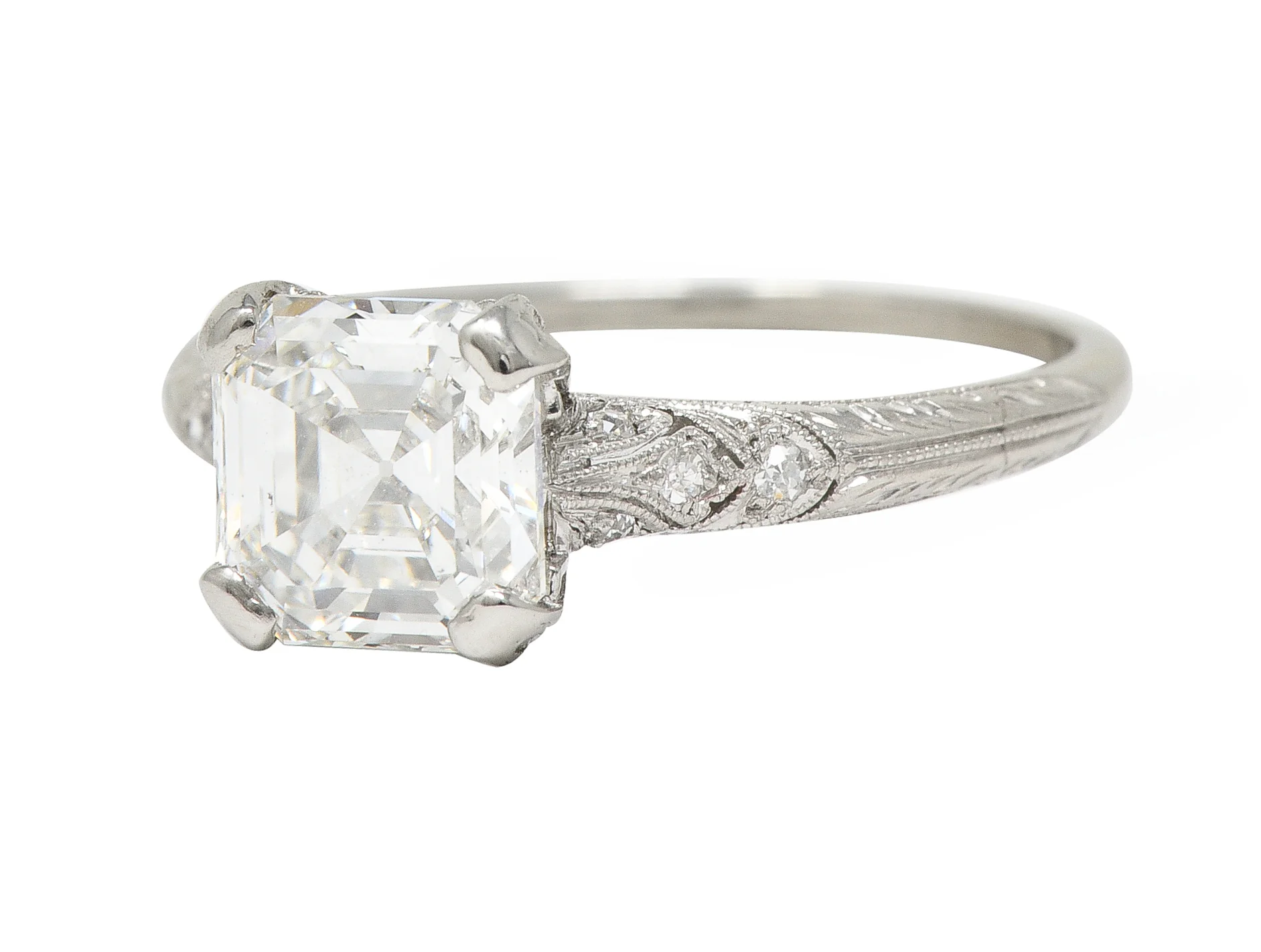 Tiffany & Co. Art Deco 1.88 CTW Asscher Cut Diamond Platinum Foliate Antique Engagement Ring GIA - Image 7