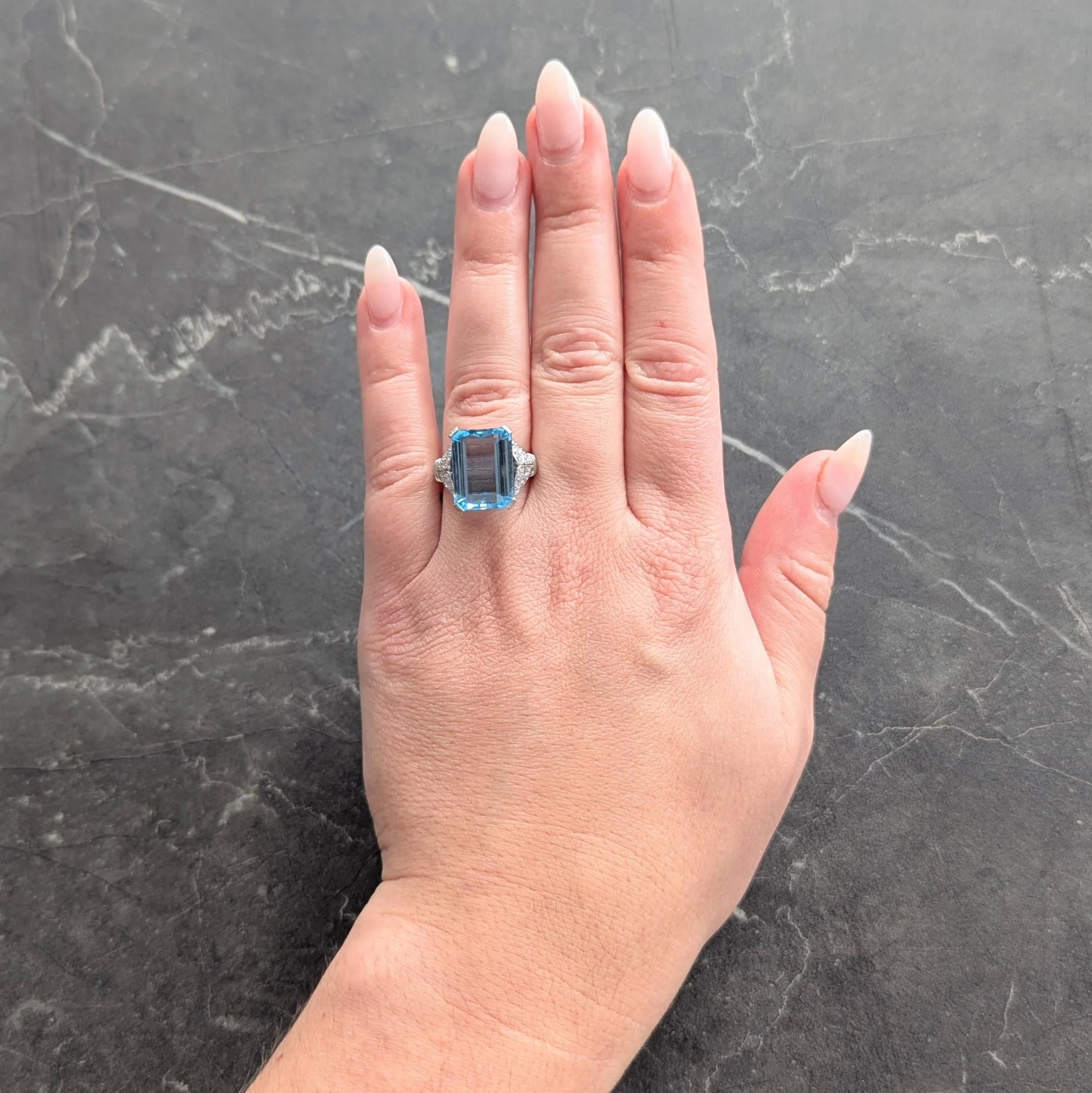 Tiffany & Co. Art Deco 8.74 CTW Aquamarine Diamond Platinum Vintage Scrolling Cocktail Ring - Image 10