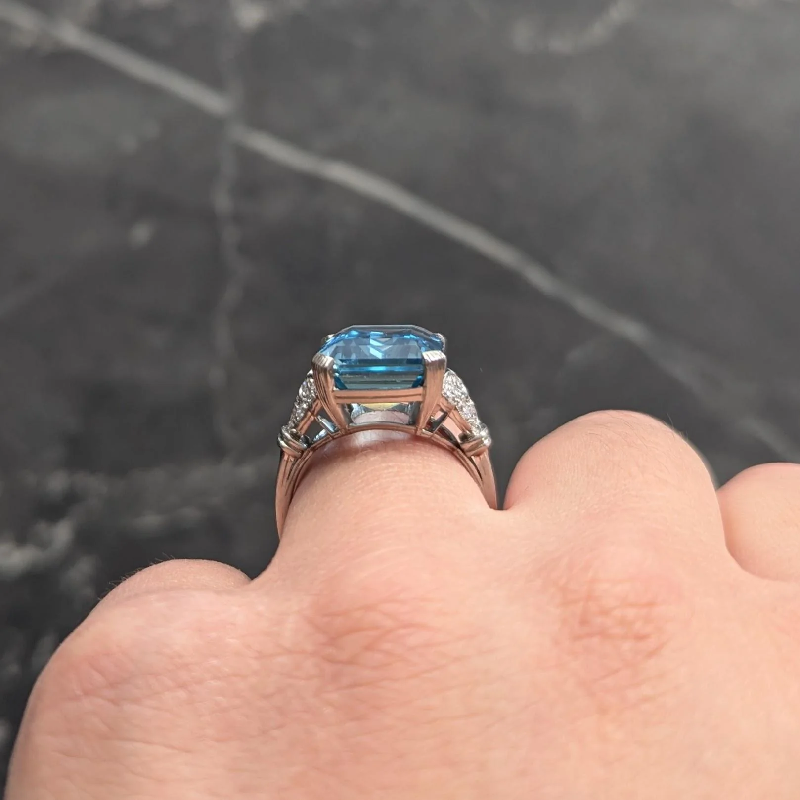 Tiffany & Co. Art Deco 8.74 CTW Aquamarine Diamond Platinum Vintage Scrolling Cocktail Ring - Image 11