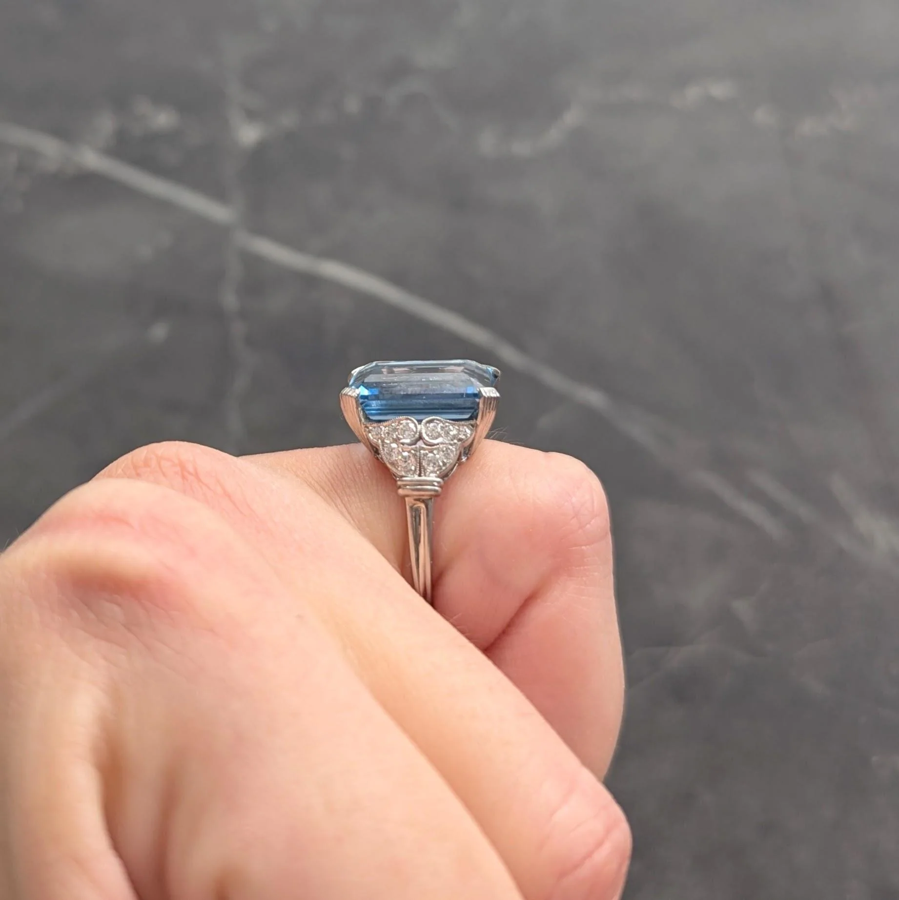 Tiffany & Co. Art Deco 8.74 CTW Aquamarine Diamond Platinum Vintage Scrolling Cocktail Ring - Image 12