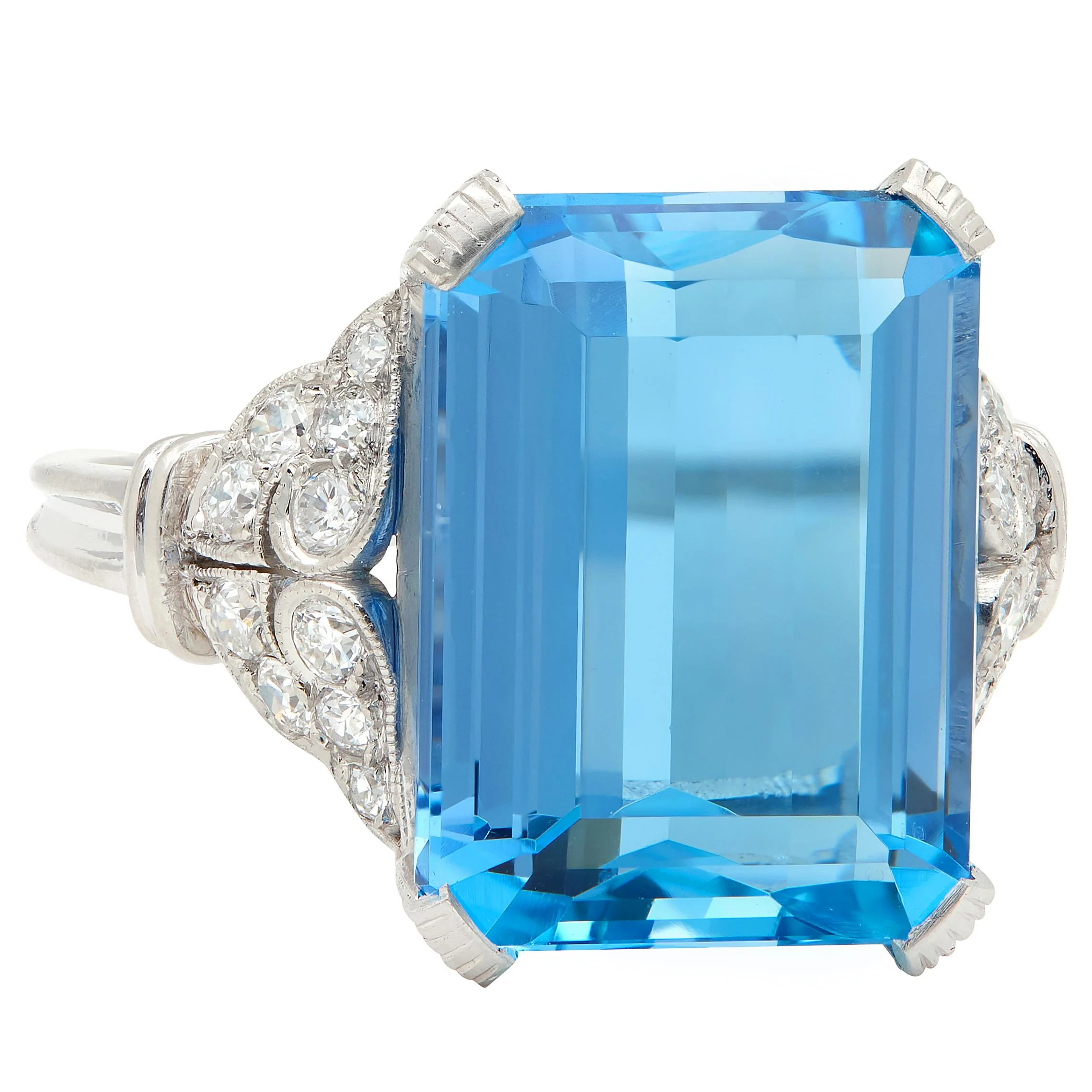 Tiffany & Co. Art Deco 8.74 CTW Aquamarine Diamond Platinum Vintage Scrolling Cocktail Ring - Image 3