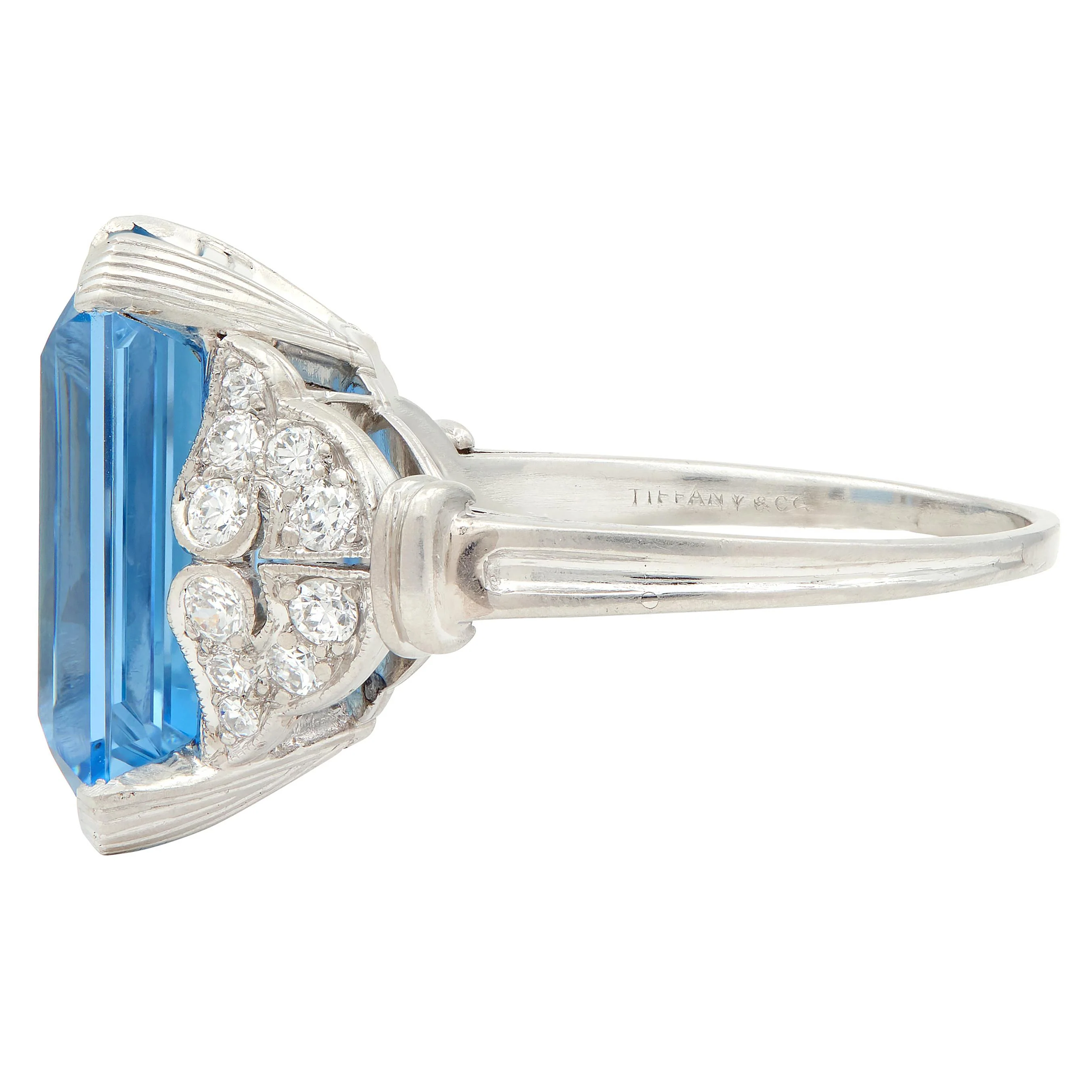 Tiffany & Co. Art Deco 8.74 CTW Aquamarine Diamond Platinum Vintage Scrolling Cocktail Ring - Image 6