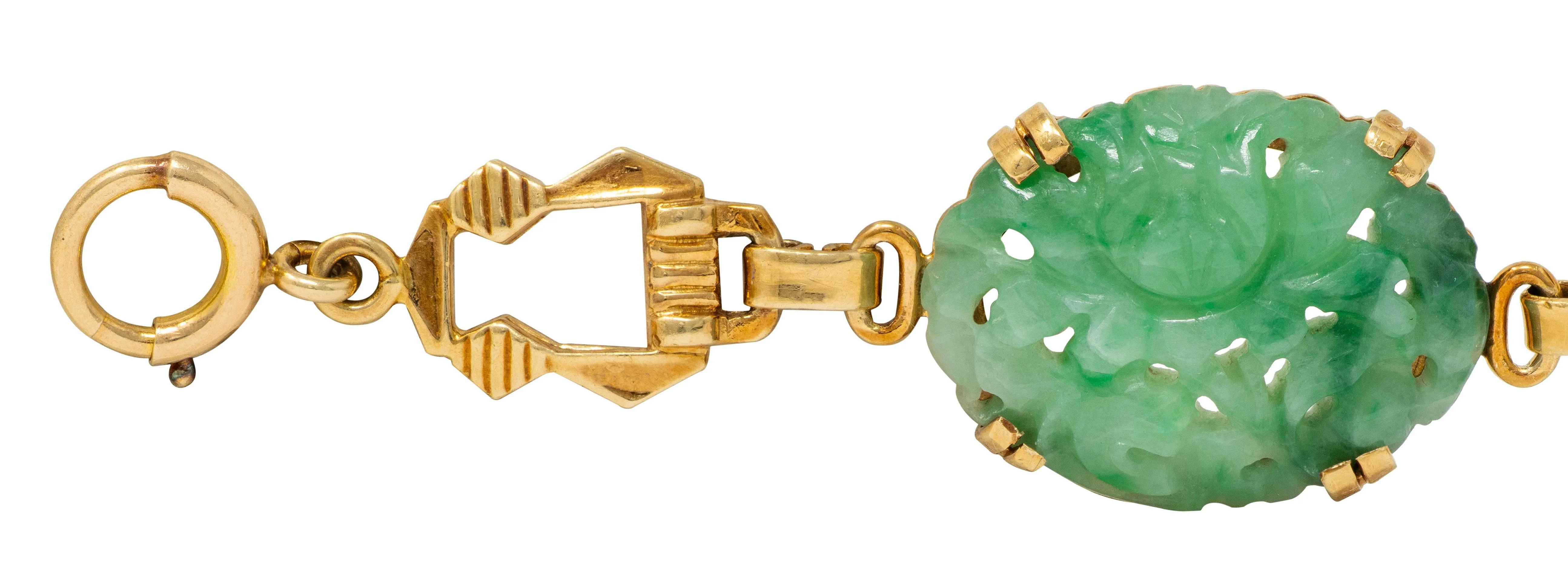 Tiffany & Co. Art Deco Carved Jade 14 Karat Yellow Gold Antique Floral Link Bracelet - Image 4