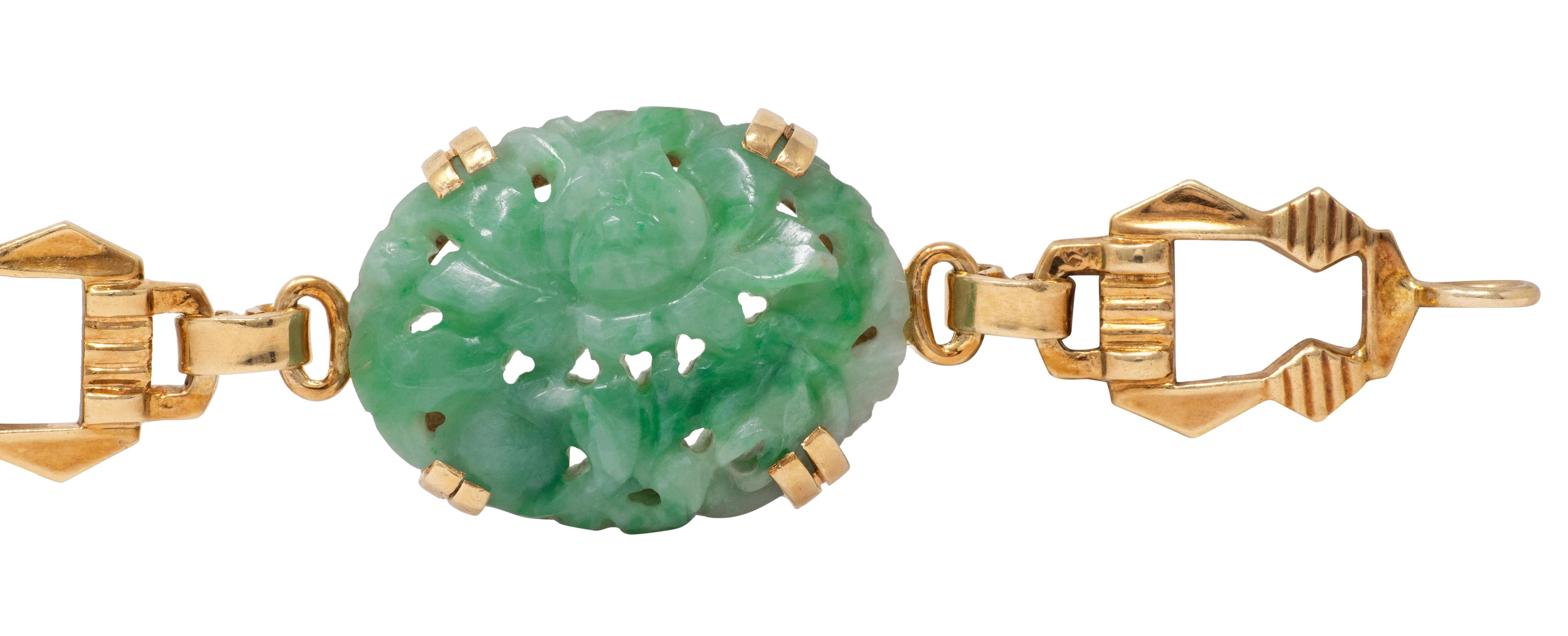 Tiffany & Co. Art Deco Carved Jade 14 Karat Yellow Gold Antique Floral Link Bracelet - Image 6