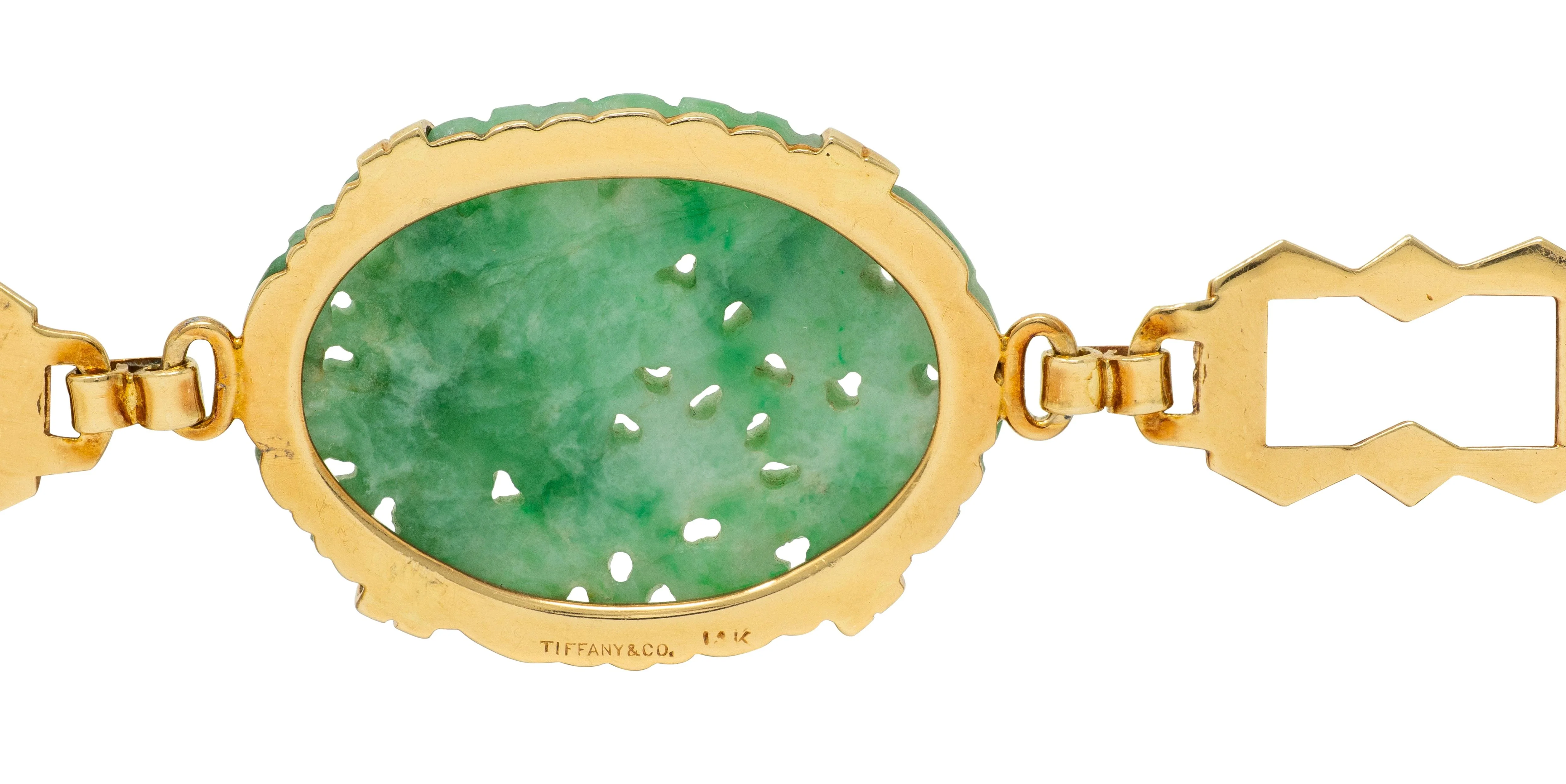 Tiffany & Co. Art Deco Carved Jade 14 Karat Yellow Gold Antique Floral Link Bracelet - Image 7