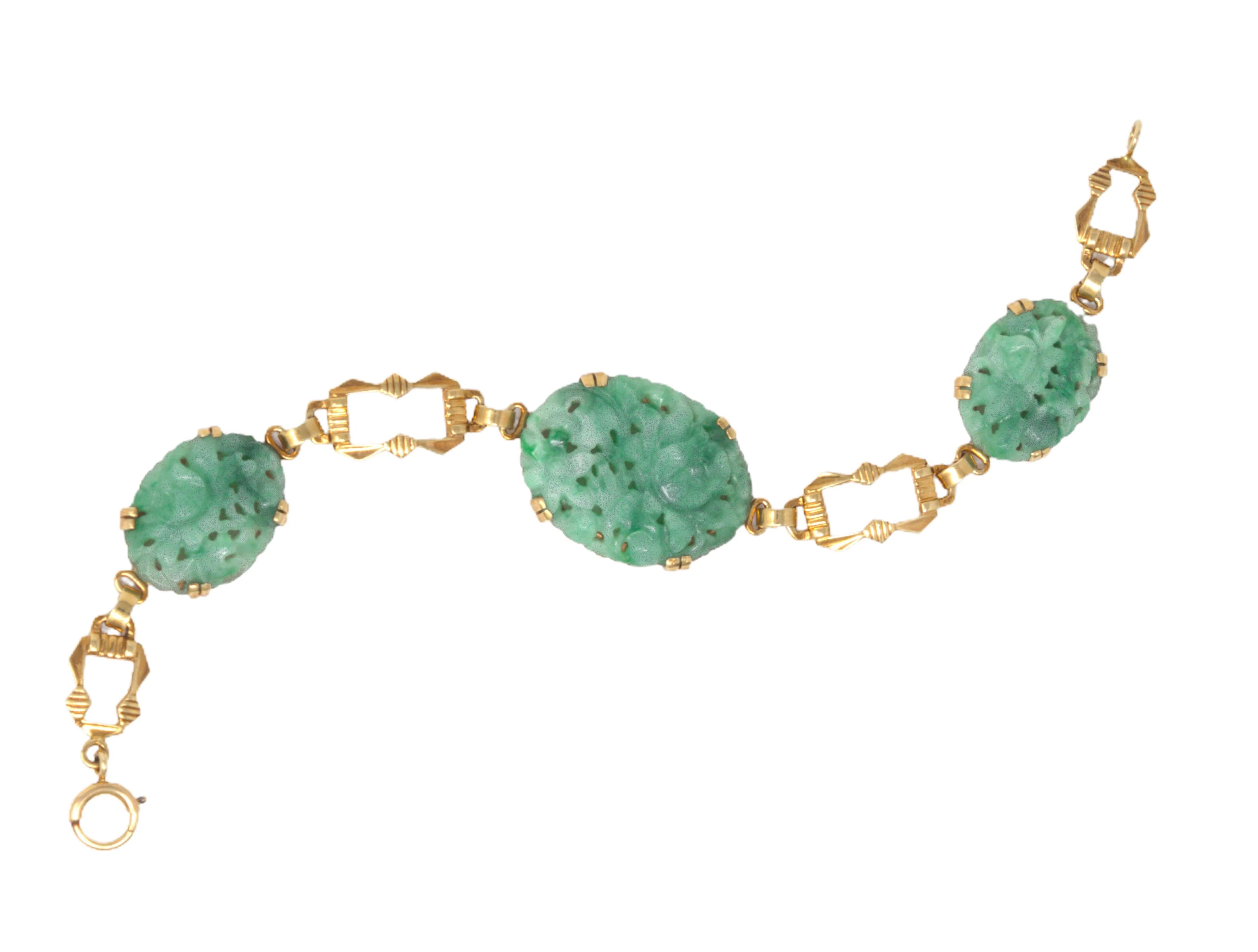 Tiffany & Co. Art Deco Carved Jade 14 Karat Yellow Gold Antique Floral Link Bracelet - Image 9