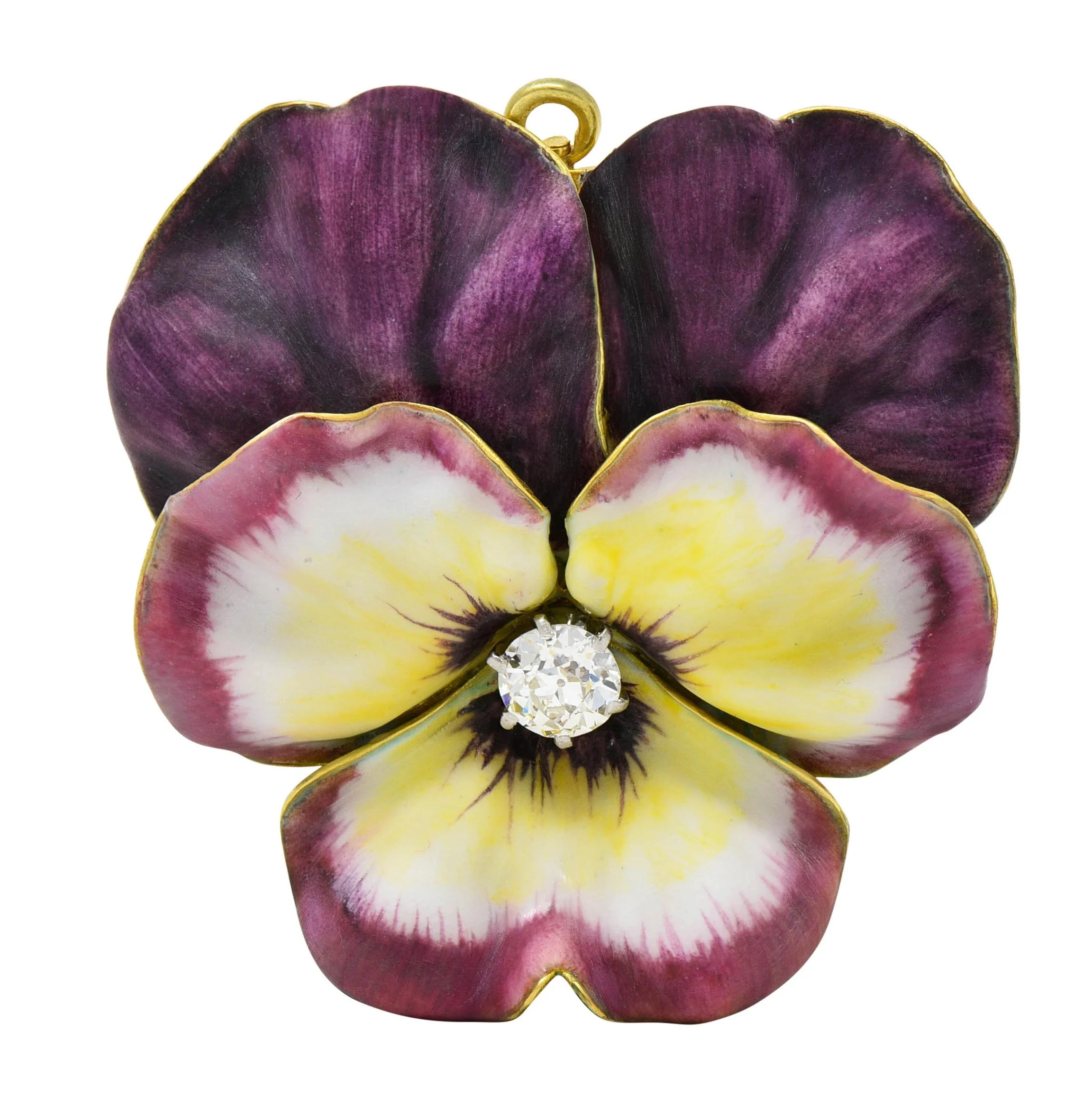 Tiffany & Co. Art Nouveau Diamond Enamel Platinum 14 Karat Yellow Gold Pansy Flower Antique Pendant Brooch - Image 3