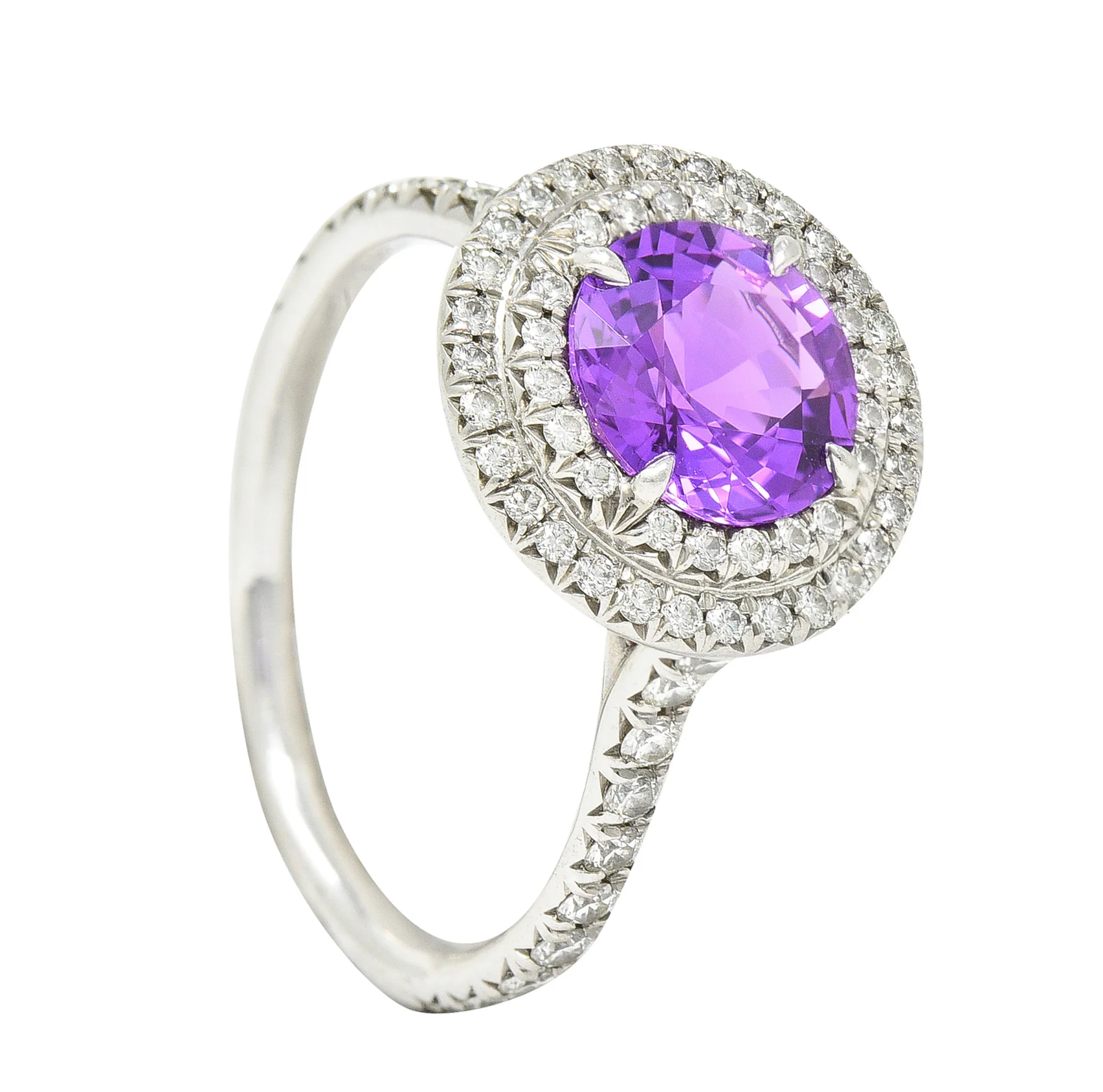 Tiffany & Co. Contemporary 2.52 CTW Pink Sapphire Diamond Platinum Soleste Double Halo Gemstone Ring - Image 11