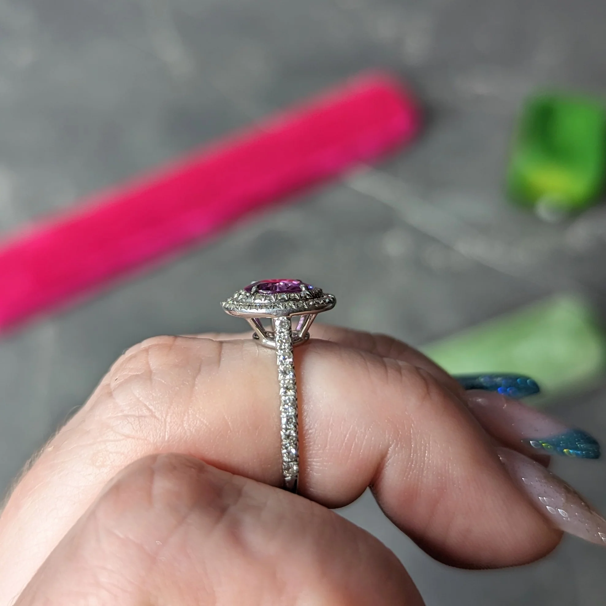 Tiffany & Co. Contemporary 2.52 CTW Pink Sapphire Diamond Platinum Soleste Double Halo Gemstone Ring - Image 13
