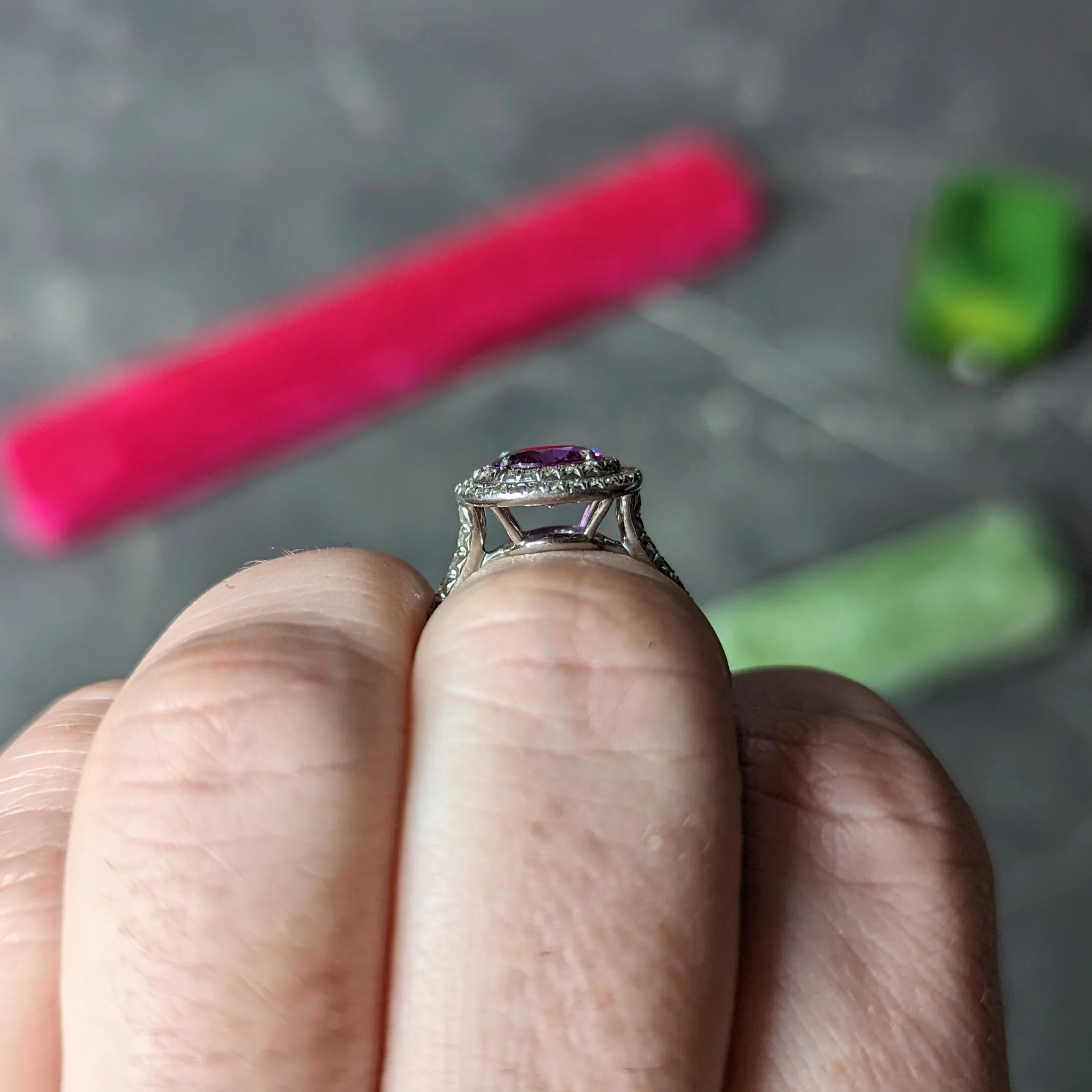 Tiffany & Co. Contemporary 2.52 CTW Pink Sapphire Diamond Platinum Soleste Double Halo Gemstone Ring - Image 14