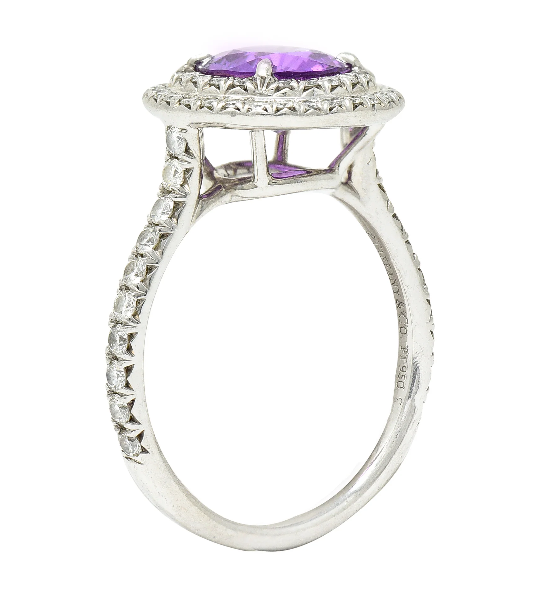 Tiffany & Co. Contemporary 2.52 CTW Pink Sapphire Diamond Platinum Soleste Double Halo Gemstone Ring - Image 2