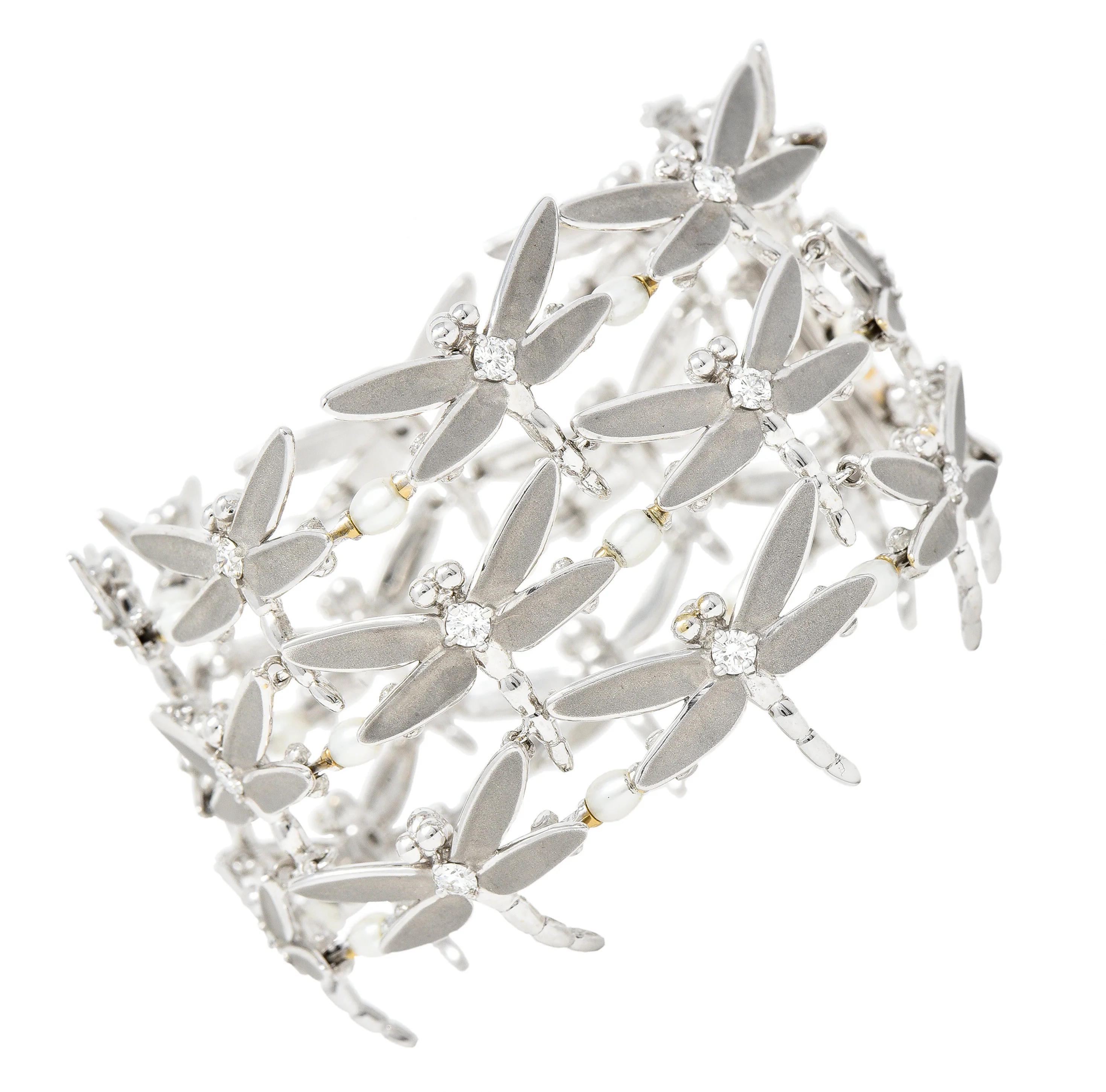 Tiffany & Co. Diamond Pearl Enamel 18 Karat White Gold Dragonfly Link Bracelet - Image 13