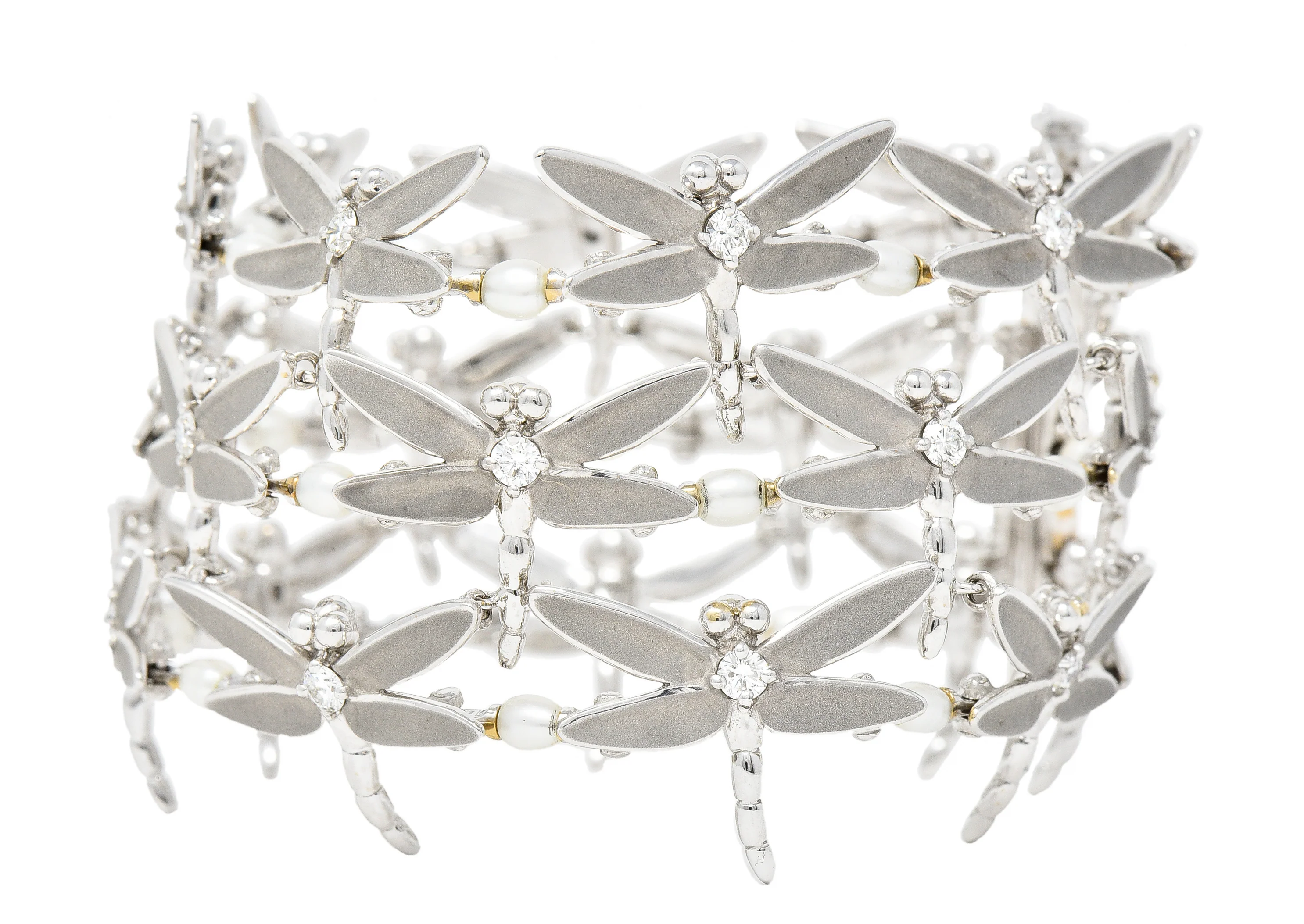 Tiffany & Co. Diamond Pearl Enamel 18 Karat White Gold Dragonfly Link Bracelet - Image 9
