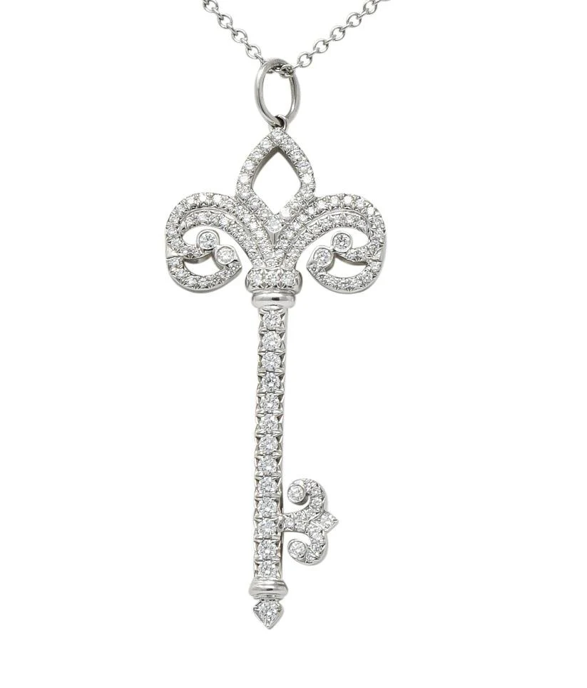 Tiffany & Co. Diamond Platinum Fleur De Lis Key Pendant Necklace - Image 2