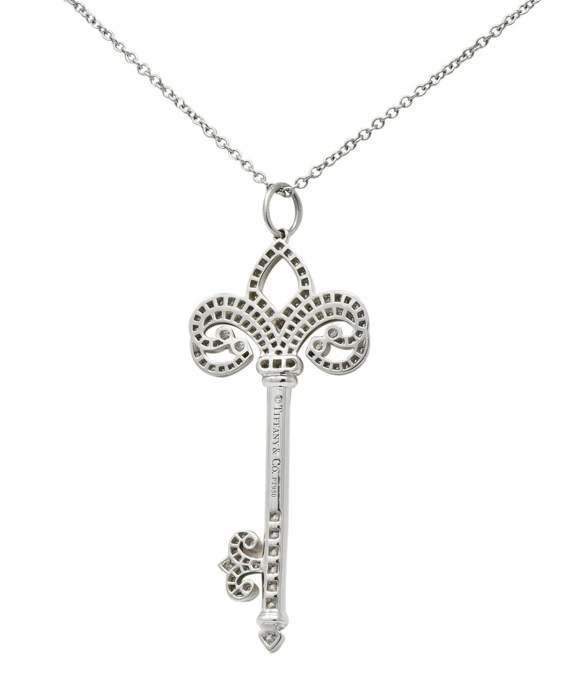 Tiffany & Co. Diamond Platinum Fleur De Lis Key Pendant Necklace - Image 7