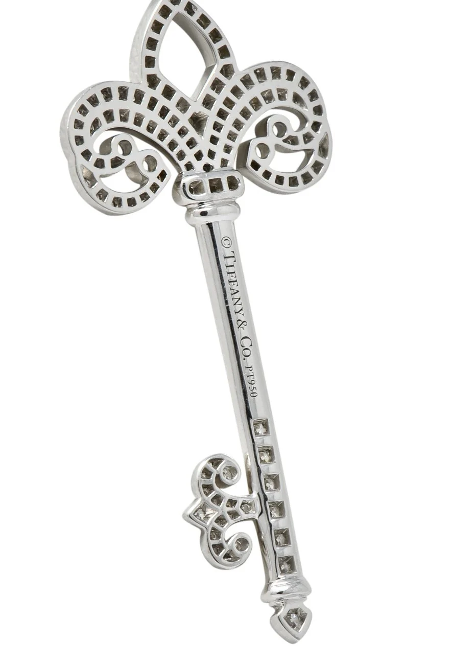 Tiffany & Co. Diamond Platinum Fleur De Lis Key Pendant Necklace - Image 8