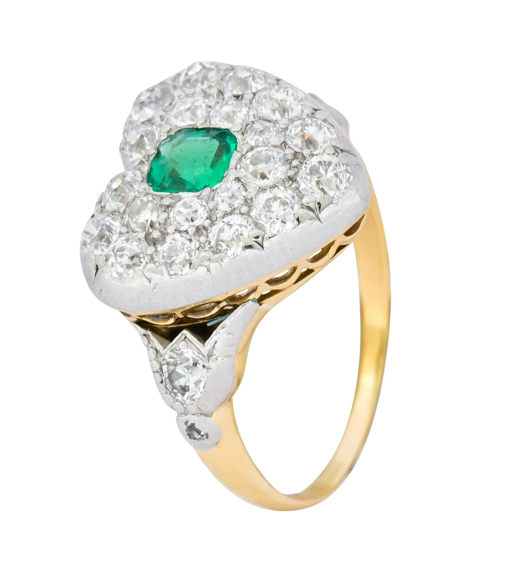Tiffany & Co. Edwardian 1.54 CTW Emerald Diamond Platinum-Topped 18 Karat Gold Heart Cluster Ring - Image 8