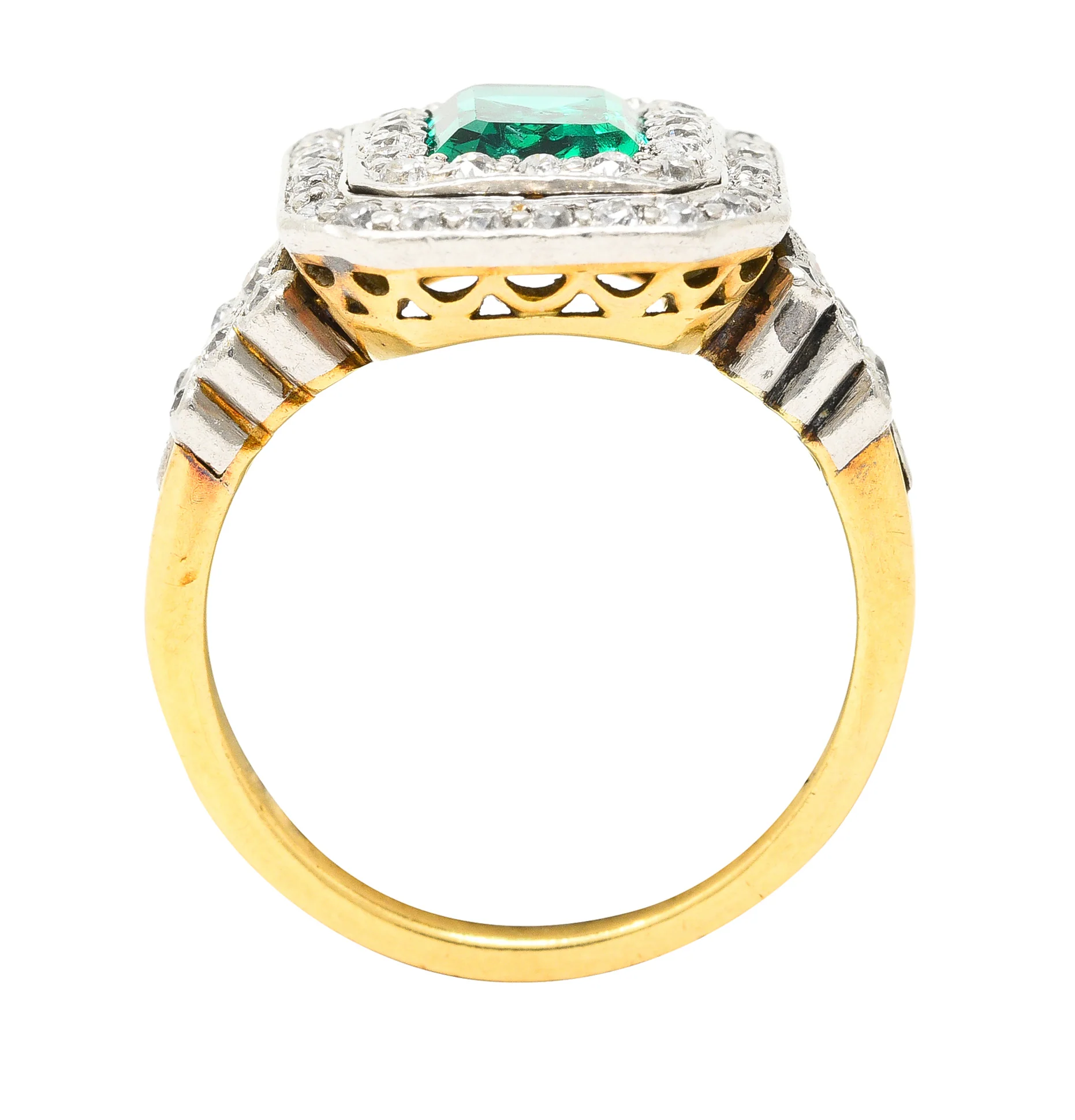 Tiffany & Co. Edwardian 2.12 CTW Colombian Emerald Diamond Platinum-Topped 18 Karat Yellow Gold Antique Double Halo Ring AGL - Image 10
