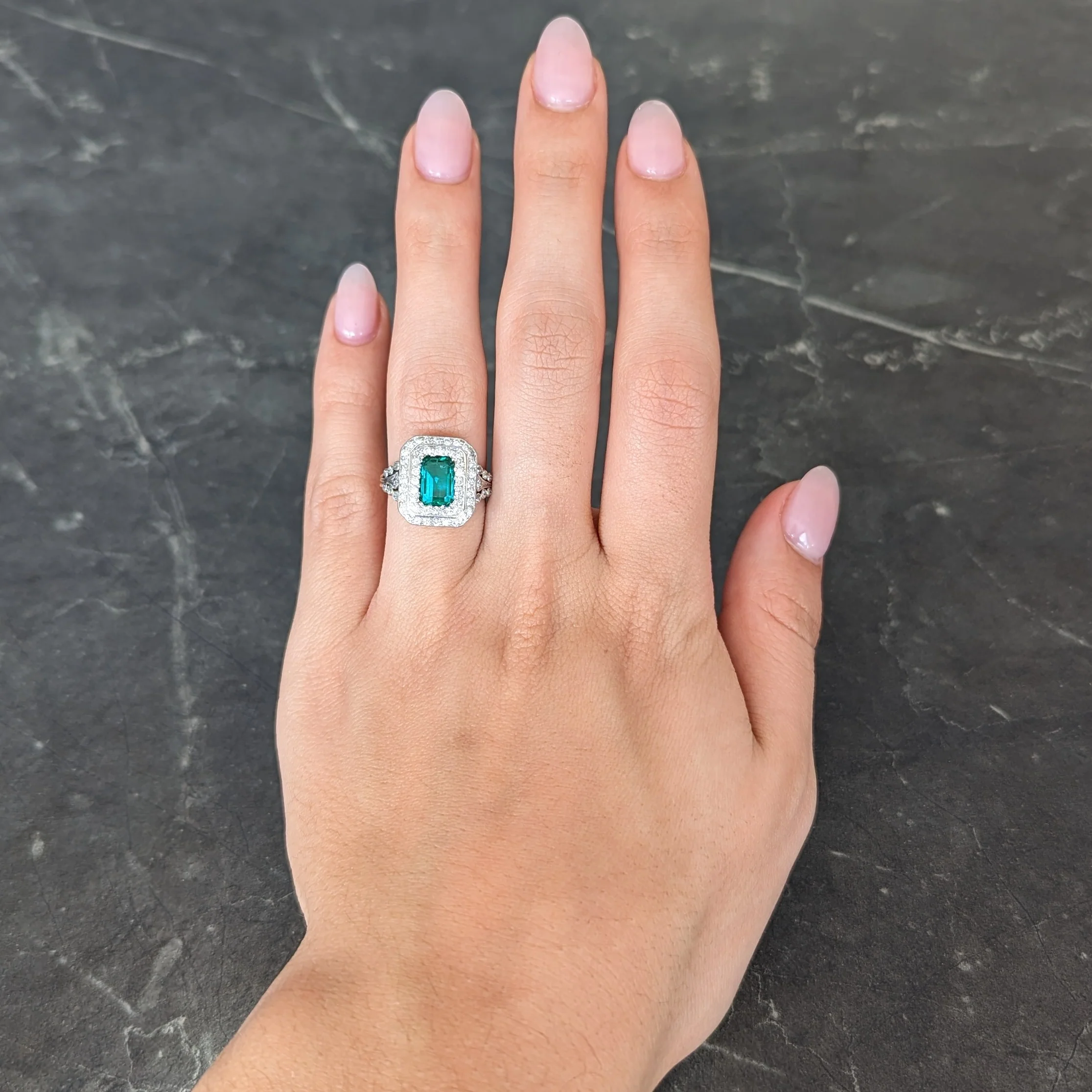 Tiffany & Co. Edwardian 2.12 CTW Colombian Emerald Diamond Platinum-Topped 18 Karat Yellow Gold Antique Double Halo Ring AGL - Image 13
