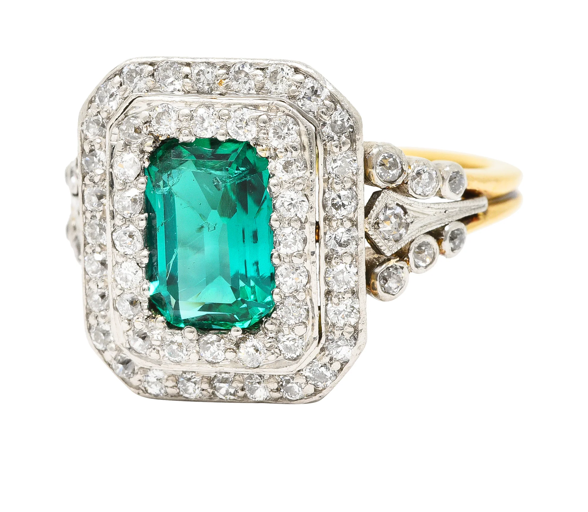 Tiffany & Co. Edwardian 2.12 CTW Colombian Emerald Diamond Platinum-Topped 18 Karat Yellow Gold Antique Double Halo Ring AGL - Image 7