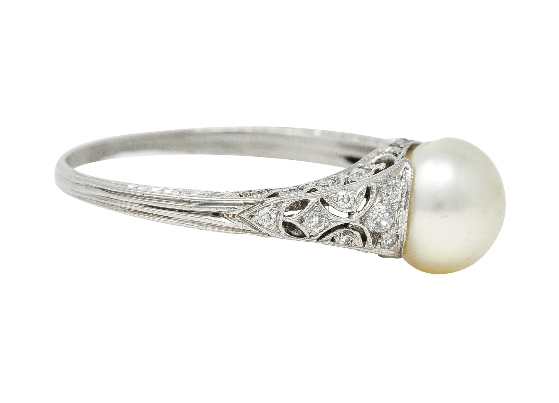 Tiffany & Co. Edwardian Pearl Diamond Platinum Ivy Foliate Antique Gemstone Ring - Image 4
