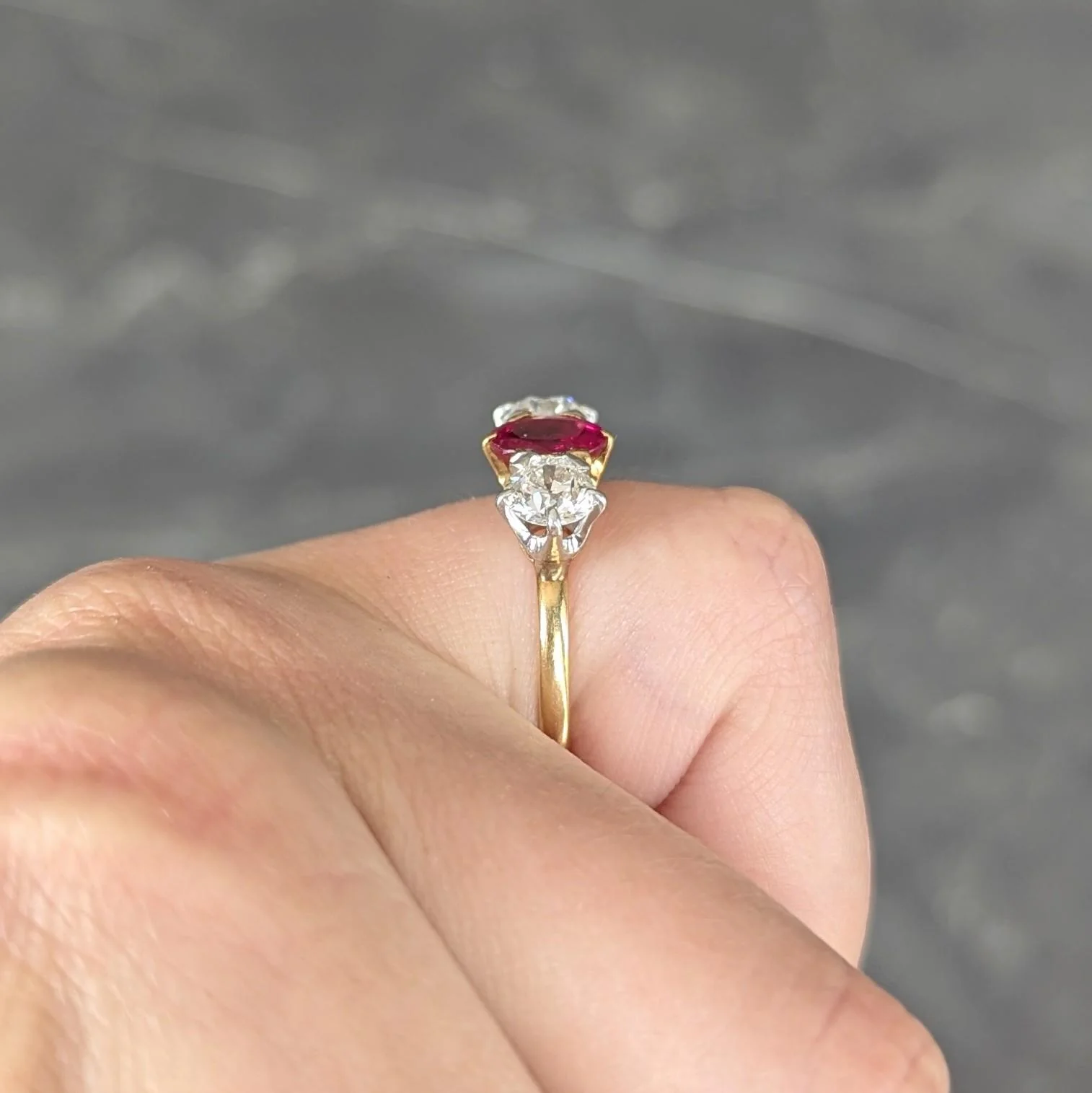 Tiffany & Co. No Heat Burma Ruby Diamond Platinum 18 Karat Yellow Gold Antique Three Stone Ring AGL - Image 11