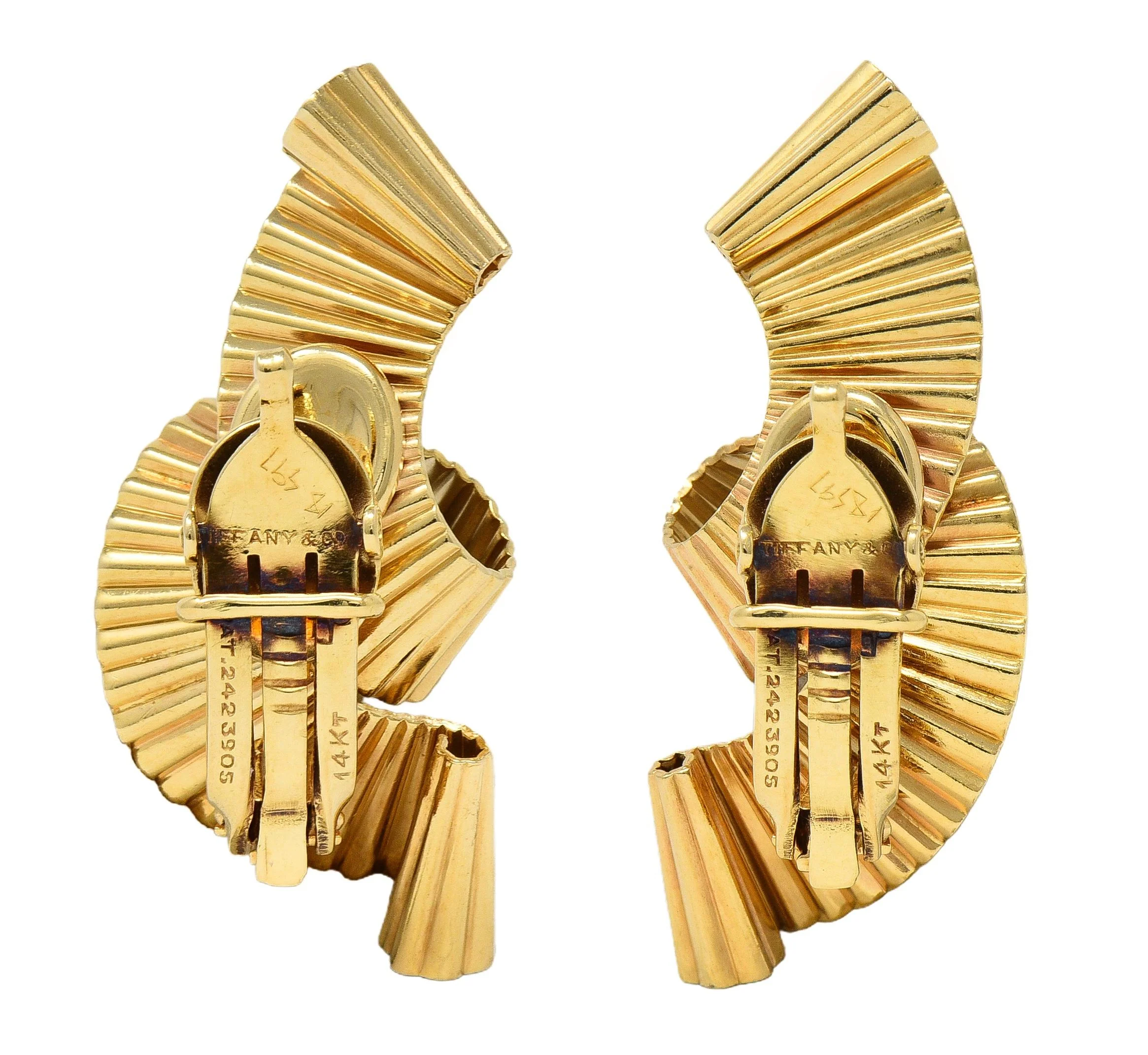 Tiffany & Co. Retro 14 Karat Yellow Gold Pleated Scroll Ear-Clip Earrings - Image 4