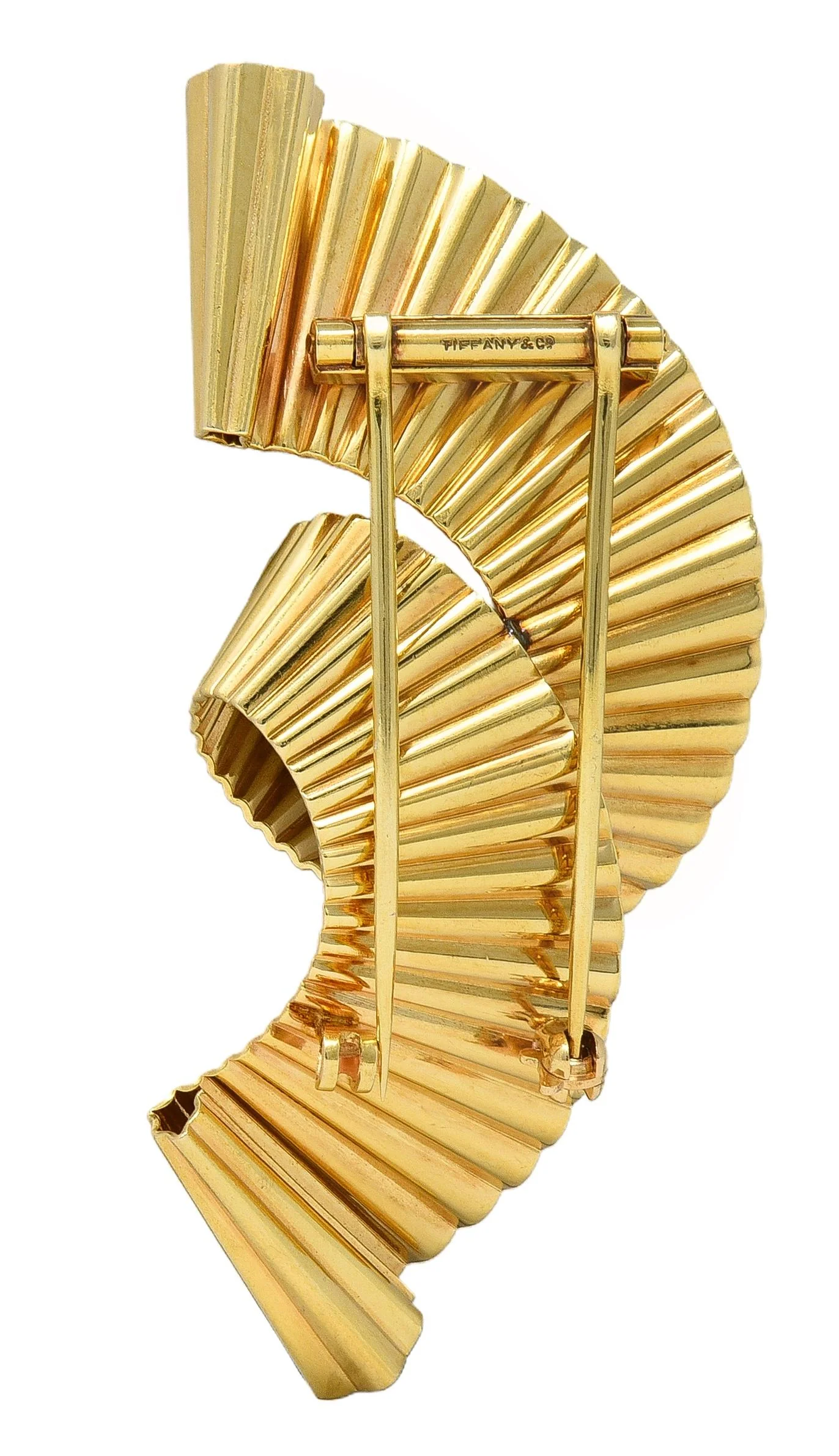 Tiffany & Co. Retro 14 Karat Yellow Gold Scroll Pleated Brooch - Image 4