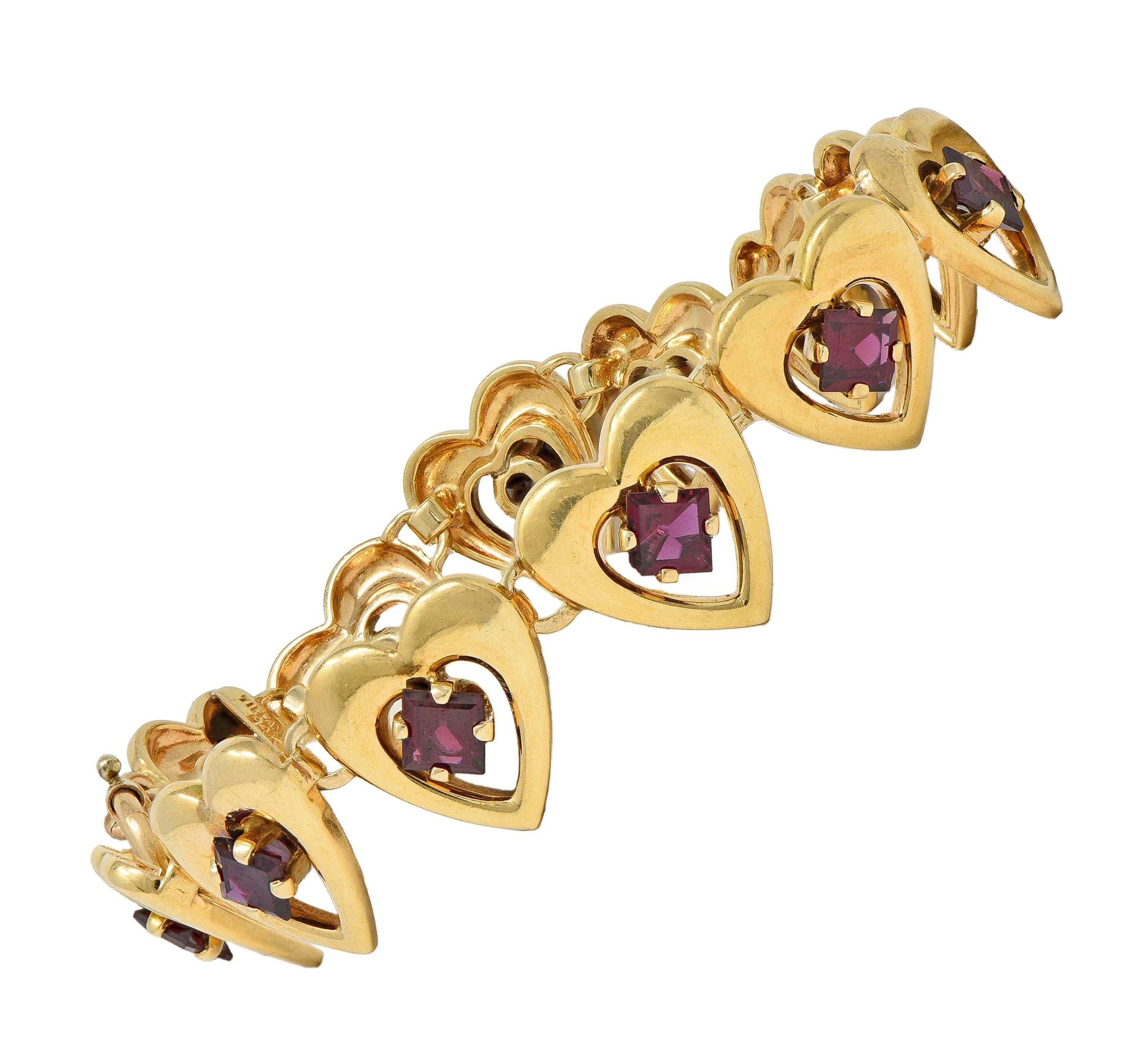 Tiffany & Co. Retro 1940's Garnet 14 Karat Yellow Gold Vintage Heart Bracelet