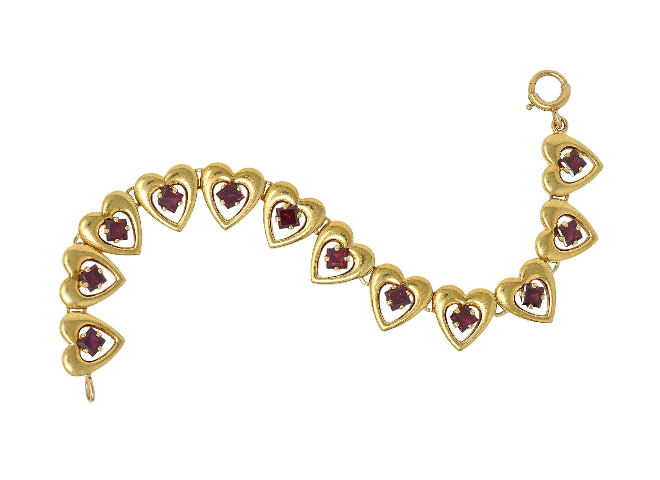 Tiffany & Co. Retro 1940's Garnet 14 Karat Yellow Gold Vintage Heart Bracelet - Image 10