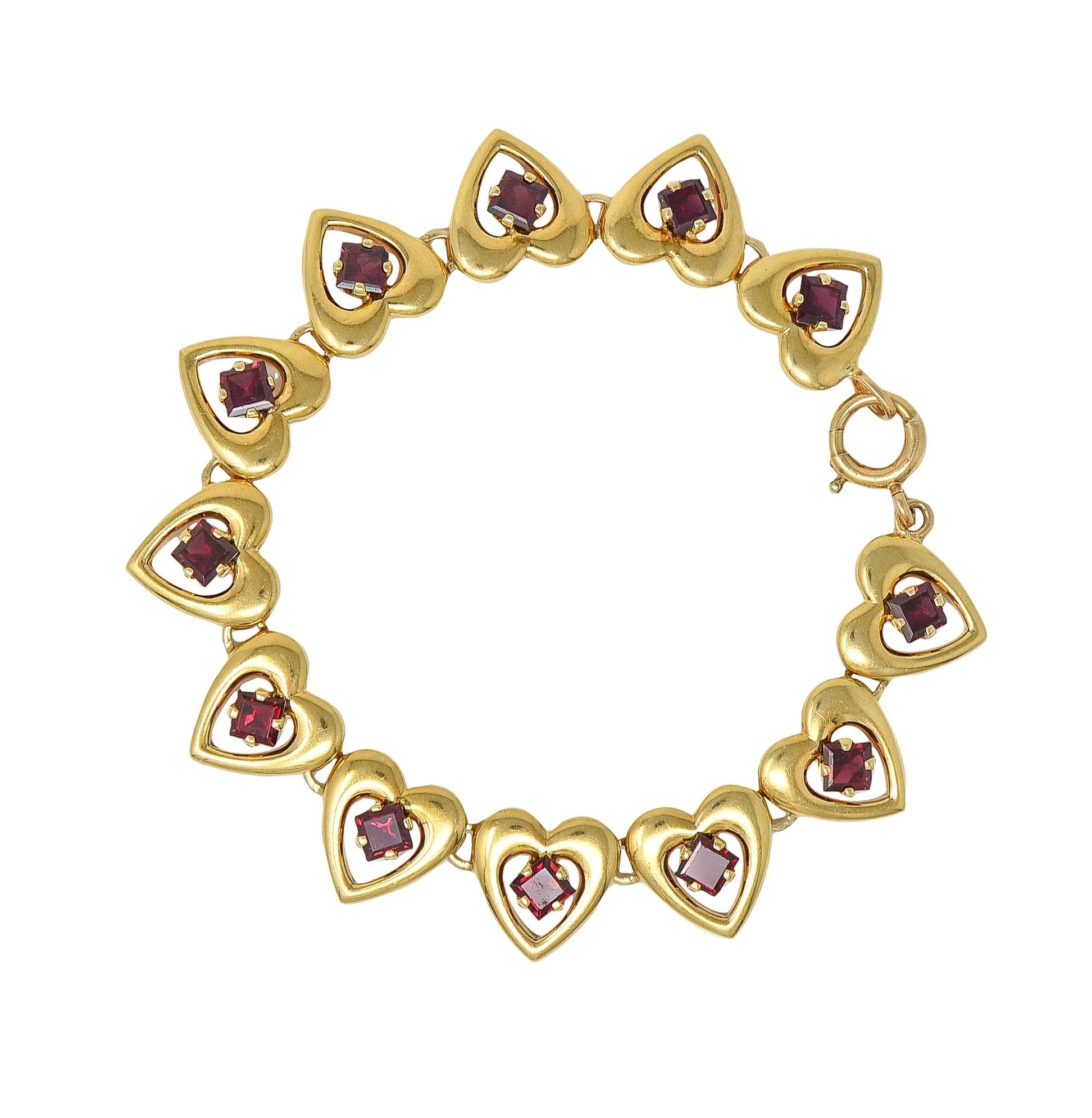 Tiffany & Co. Retro 1940's Garnet 14 Karat Yellow Gold Vintage Heart Bracelet - Image 3