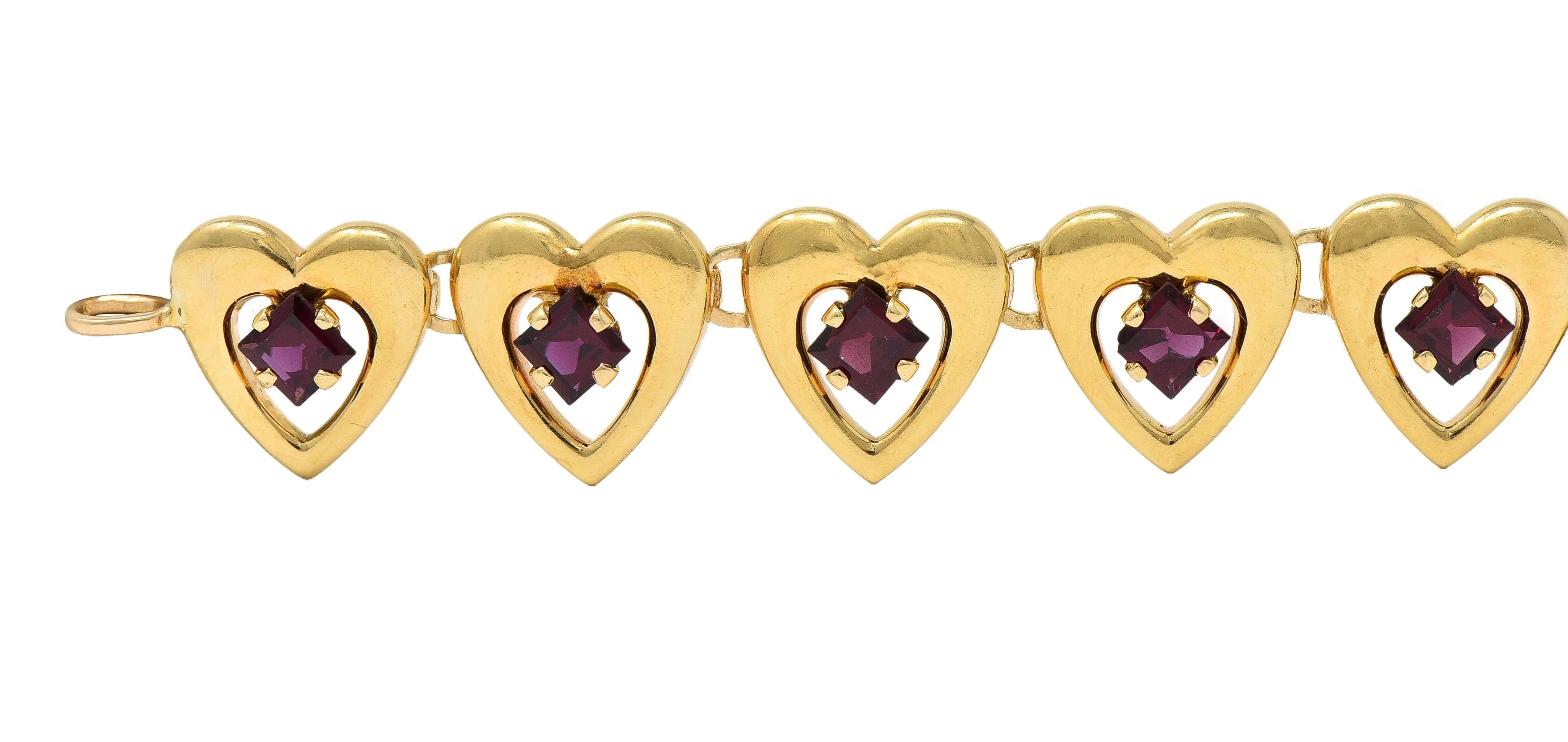 Tiffany & Co. Retro 1940's Garnet 14 Karat Yellow Gold Vintage Heart Bracelet - Image 4