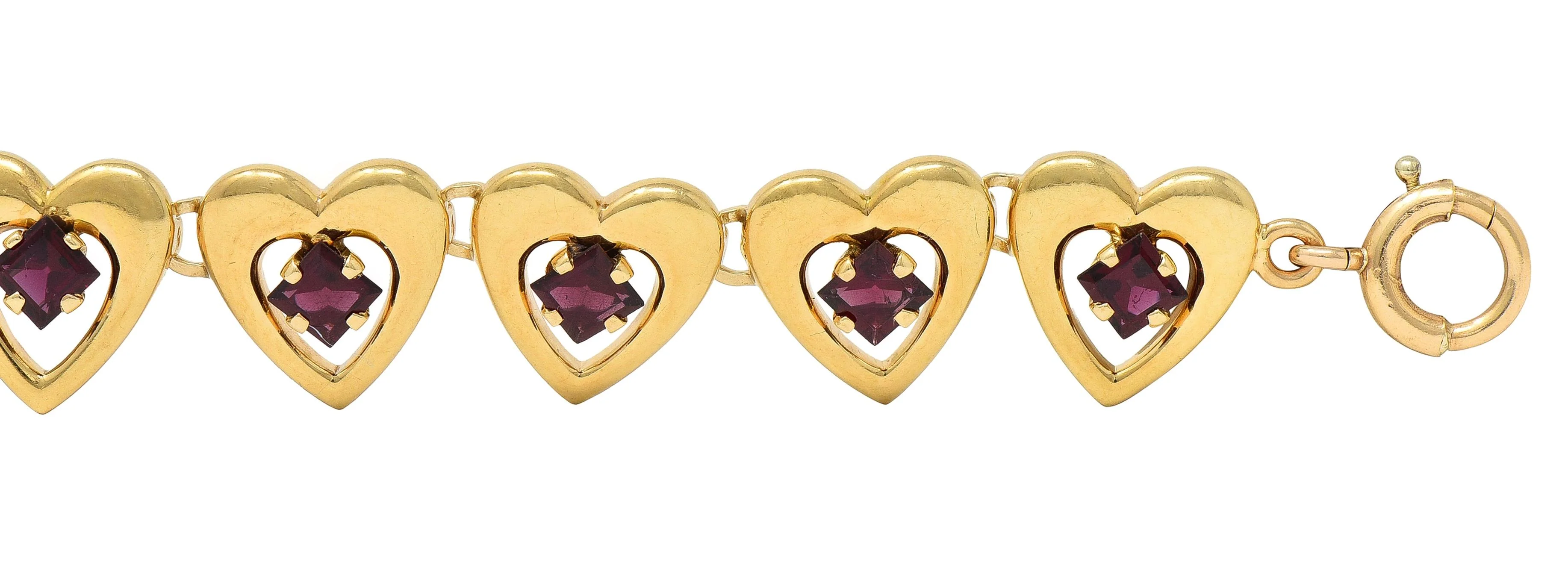 Tiffany & Co. Retro 1940's Garnet 14 Karat Yellow Gold Vintage Heart Bracelet - Image 5