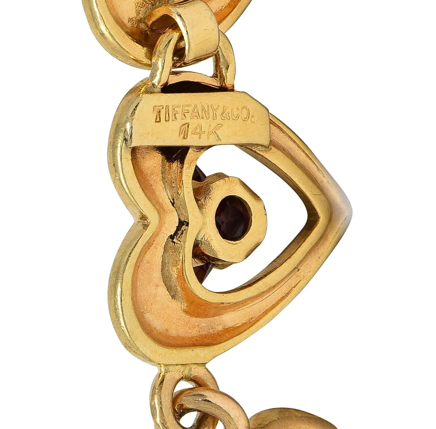 Tiffany & Co. Retro 1940's Garnet 14 Karat Yellow Gold Vintage Heart Bracelet - Image 6