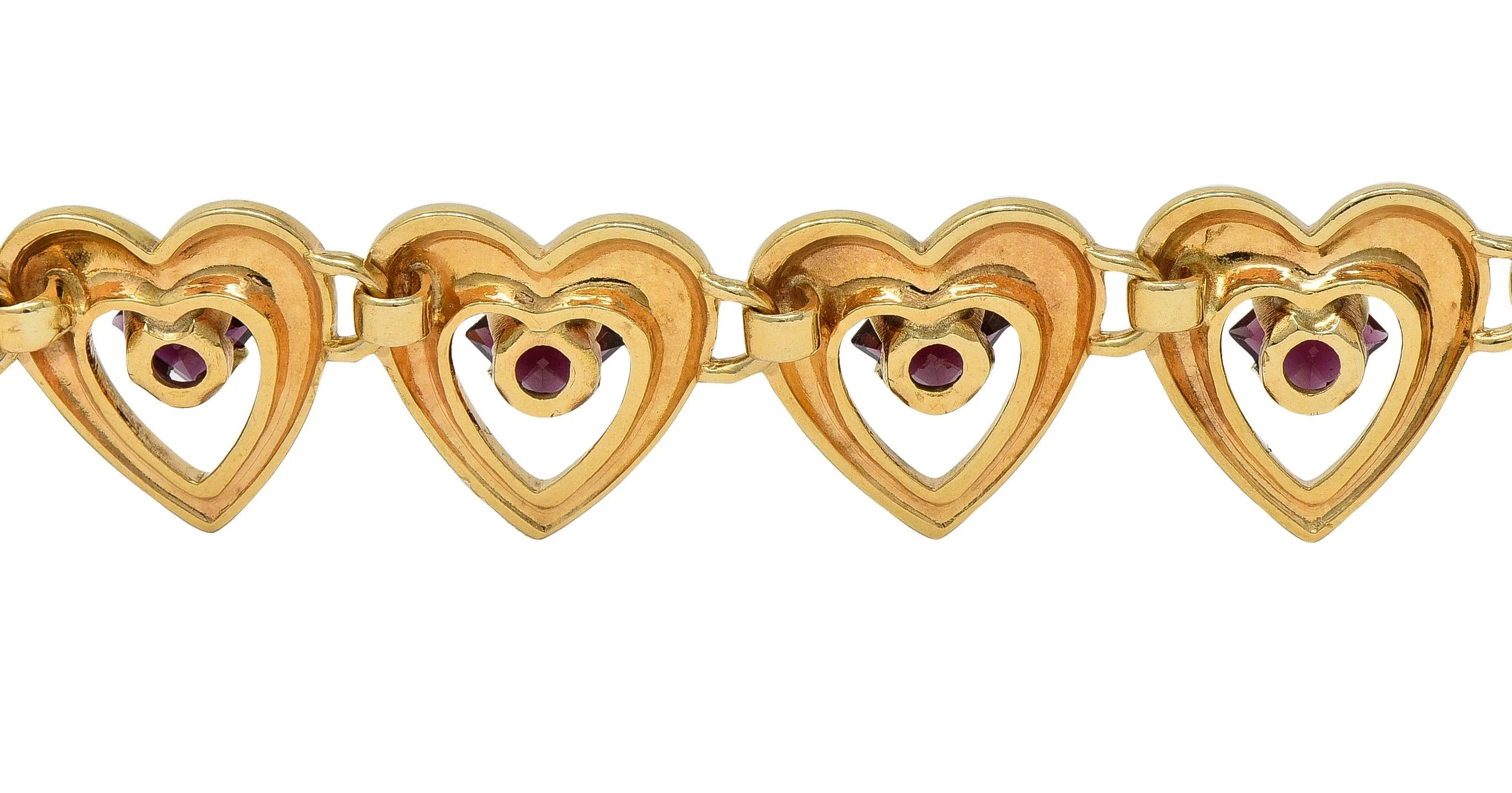 Tiffany & Co. Retro 1940's Garnet 14 Karat Yellow Gold Vintage Heart Bracelet - Image 7