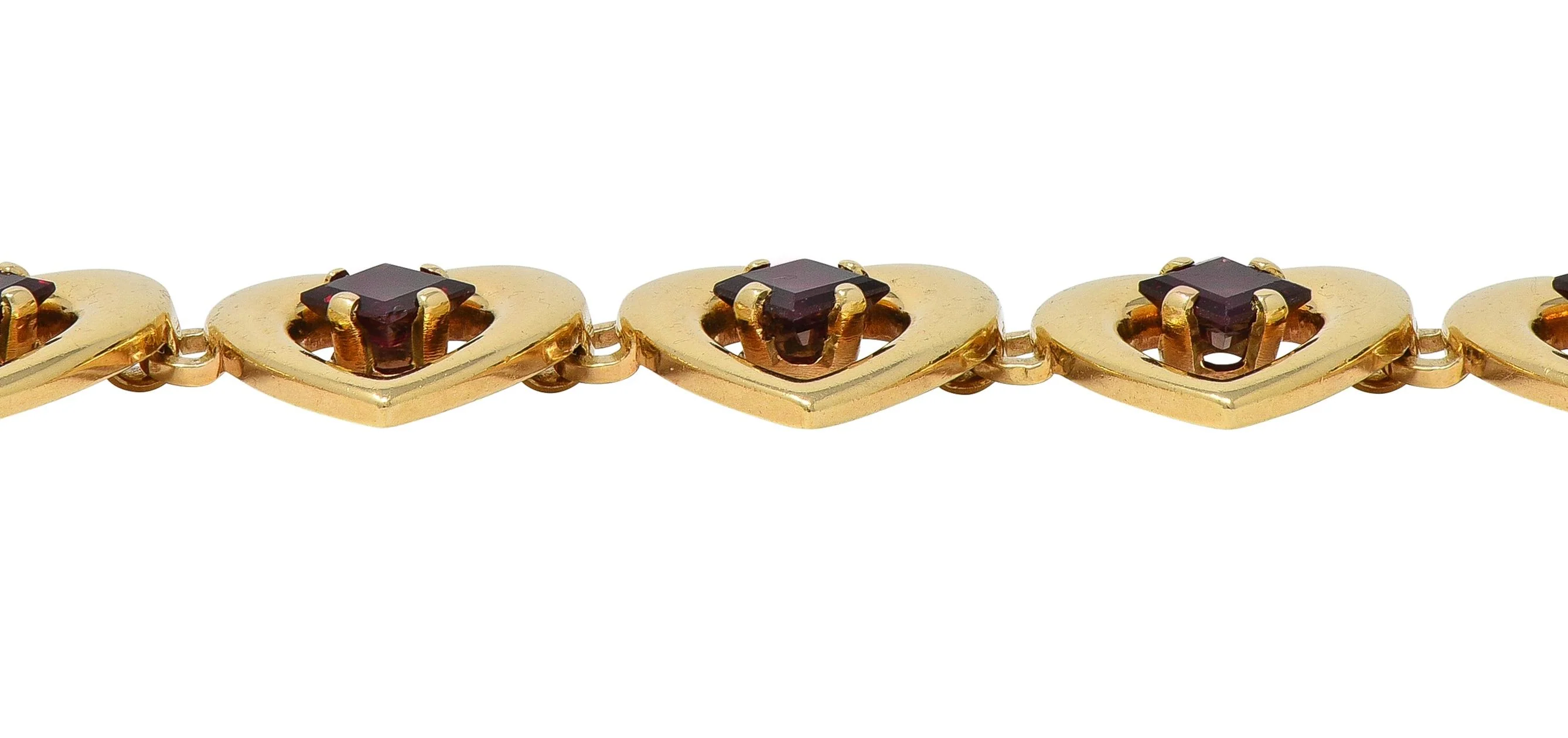 Tiffany & Co. Retro 1940's Garnet 14 Karat Yellow Gold Vintage Heart Bracelet - Image 8