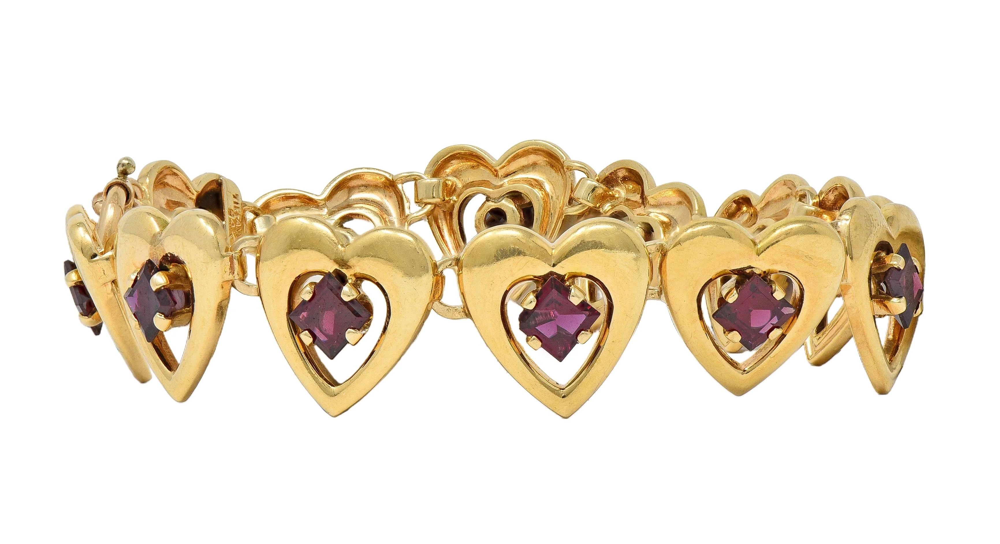 Tiffany & Co. Retro 1940's Garnet 14 Karat Yellow Gold Vintage Heart Bracelet - Image 9