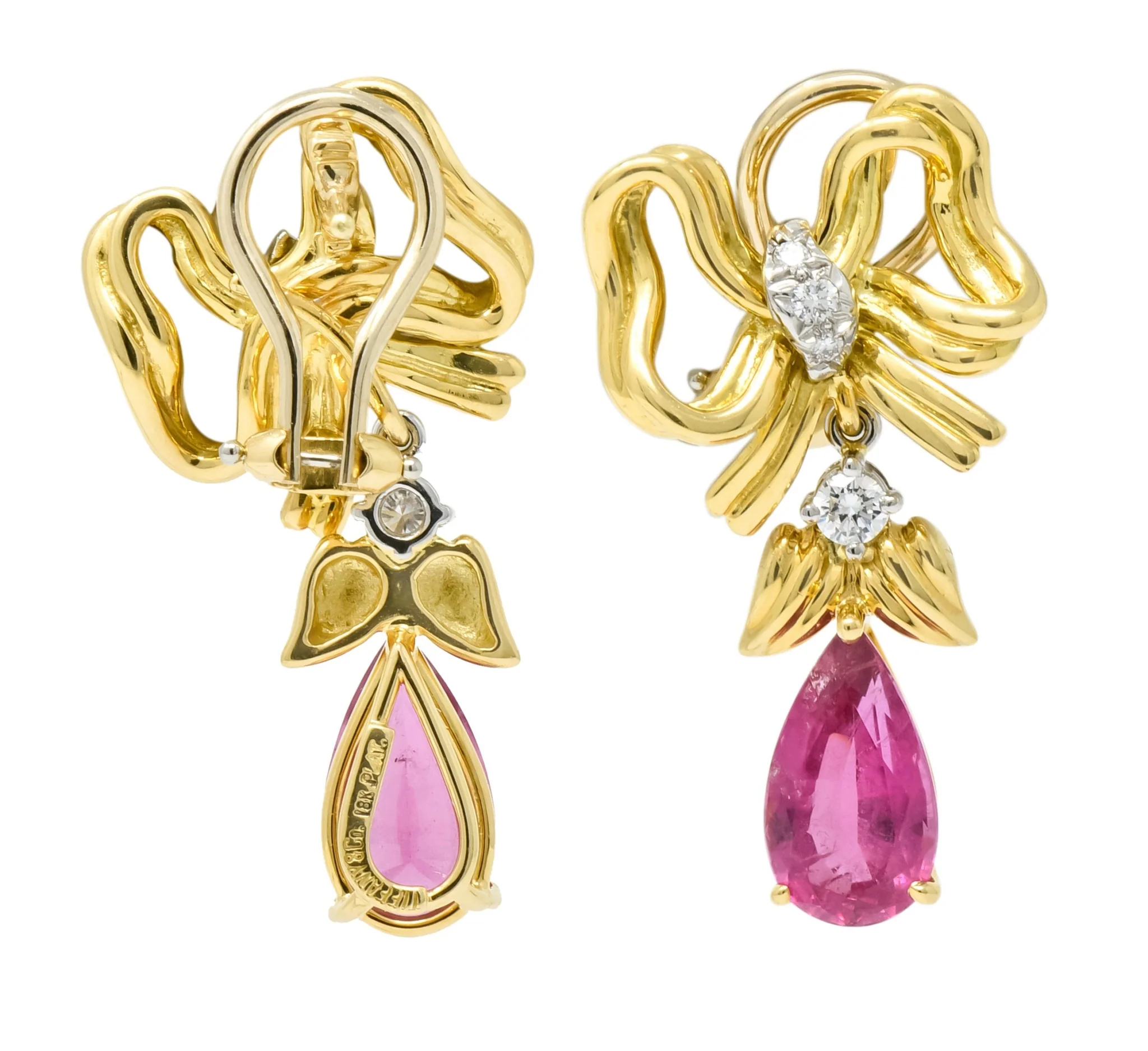 Tiffany & Co. Retro 4.85 CTW Tourmaline Diamond Platinum-Topped 18 Karat Gold Bow Earrings - Image 7