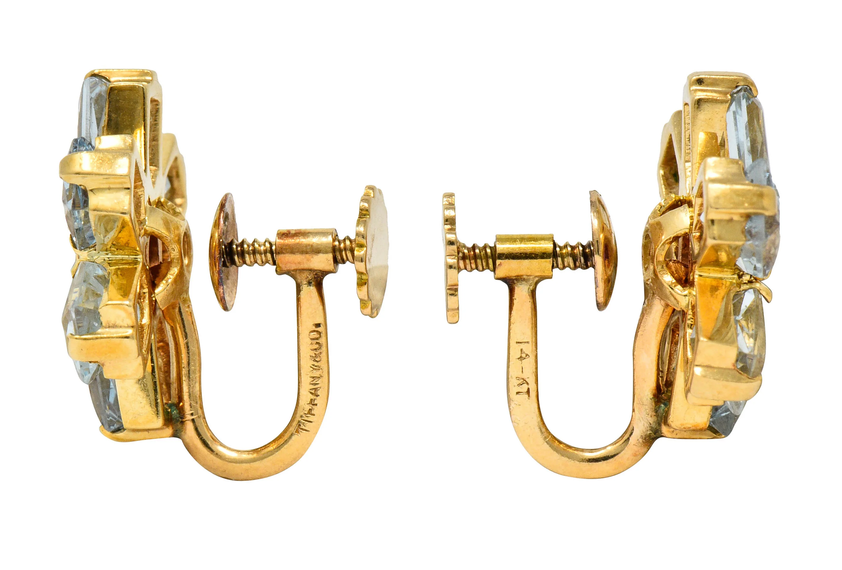 Tiffany & Co. Retro 6.20 CTW Aquamarine Ruby 14 Karat Gold Flower Screwback Earrings - Image 2