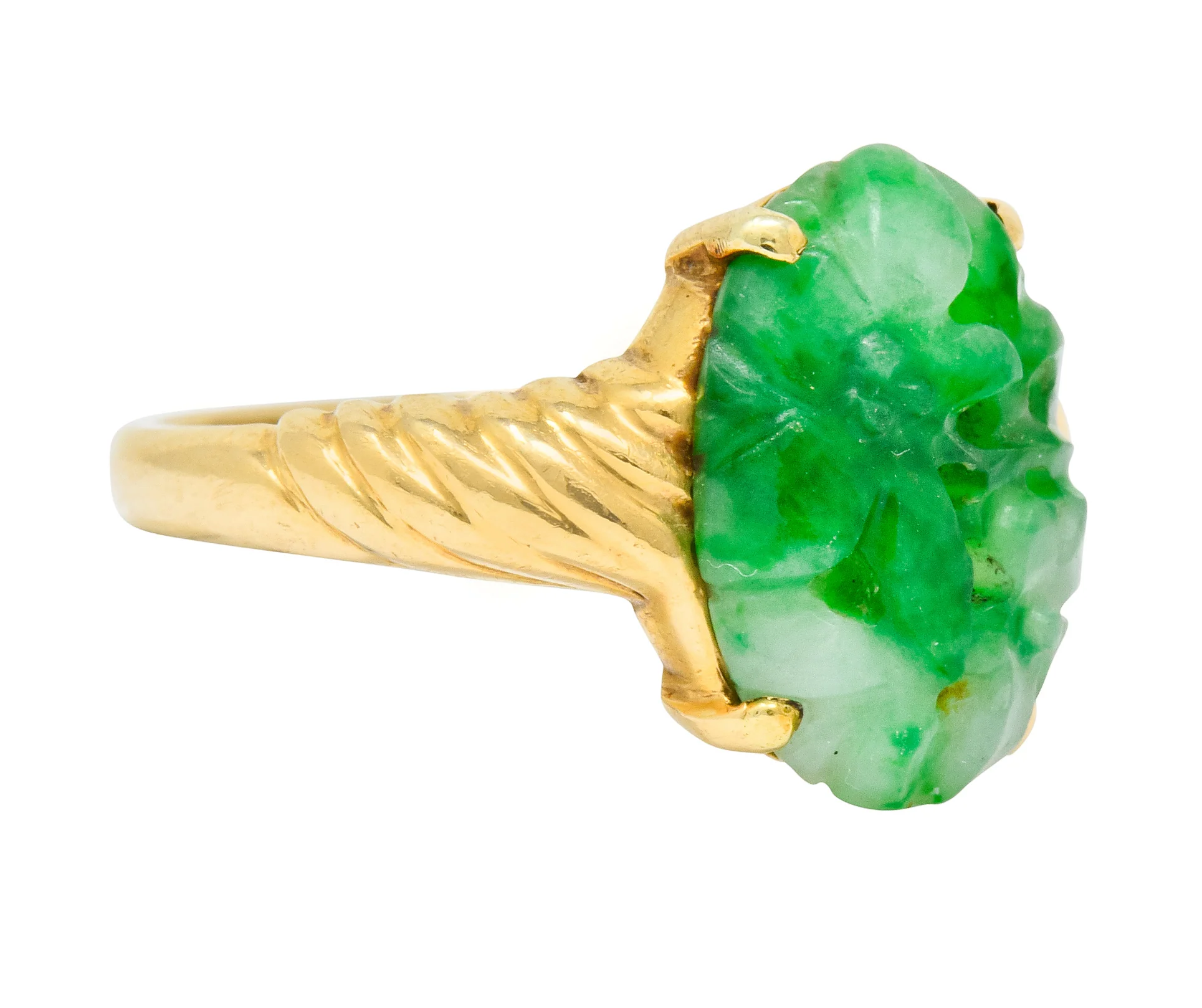Tiffany & Co. Retro Carved Jade 14 Karat Gold Floral Ring - Image 2