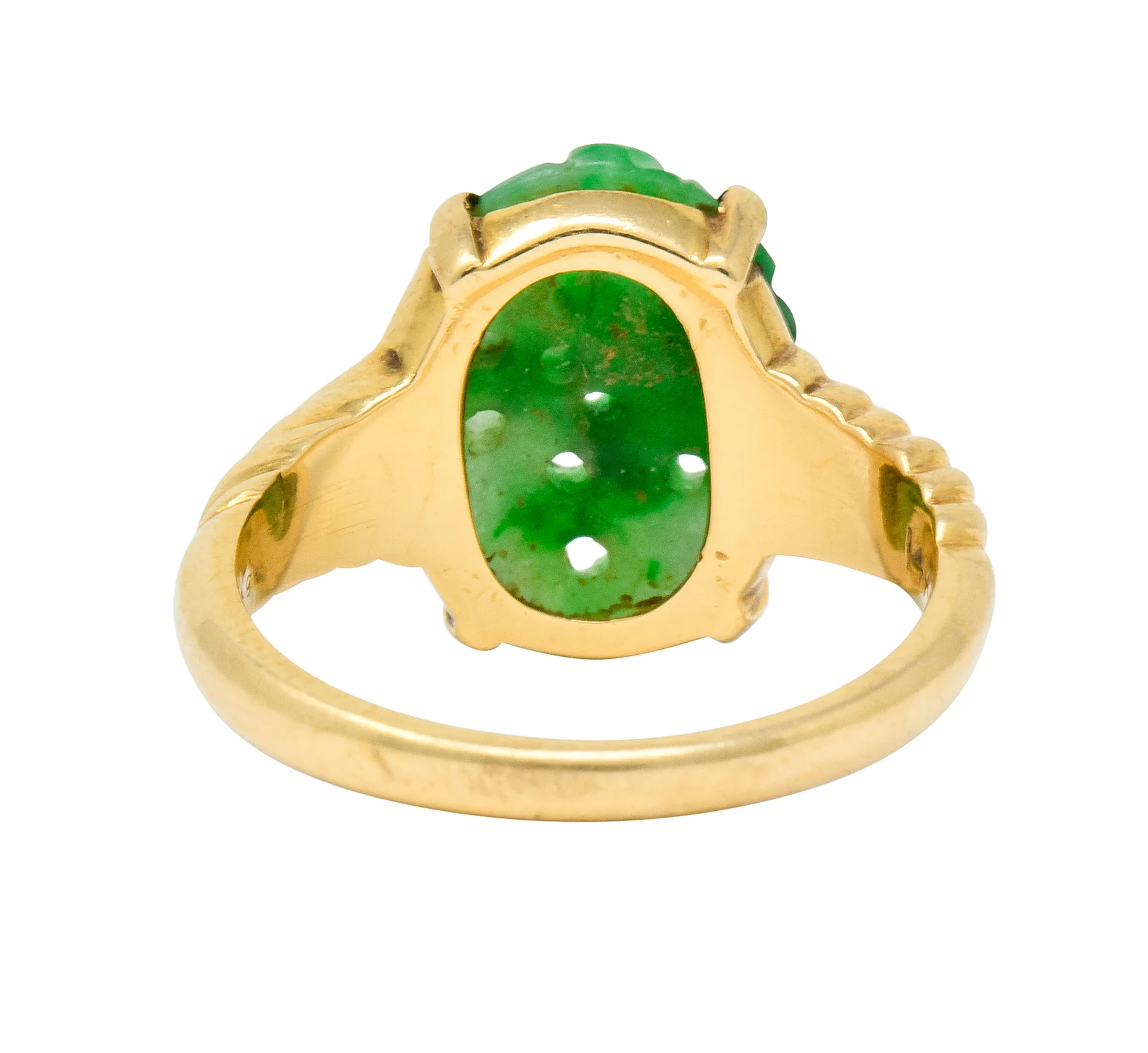 Tiffany & Co. Retro Carved Jade 14 Karat Gold Floral Ring - Image 4