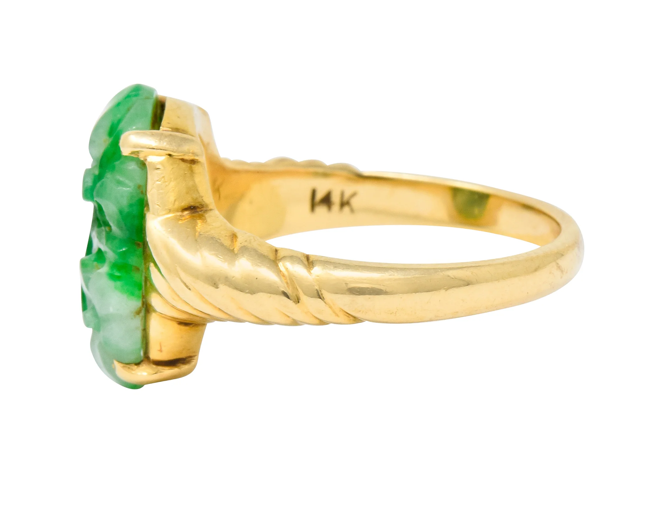 Tiffany & Co. Retro Carved Jade 14 Karat Gold Floral Ring - Image 5