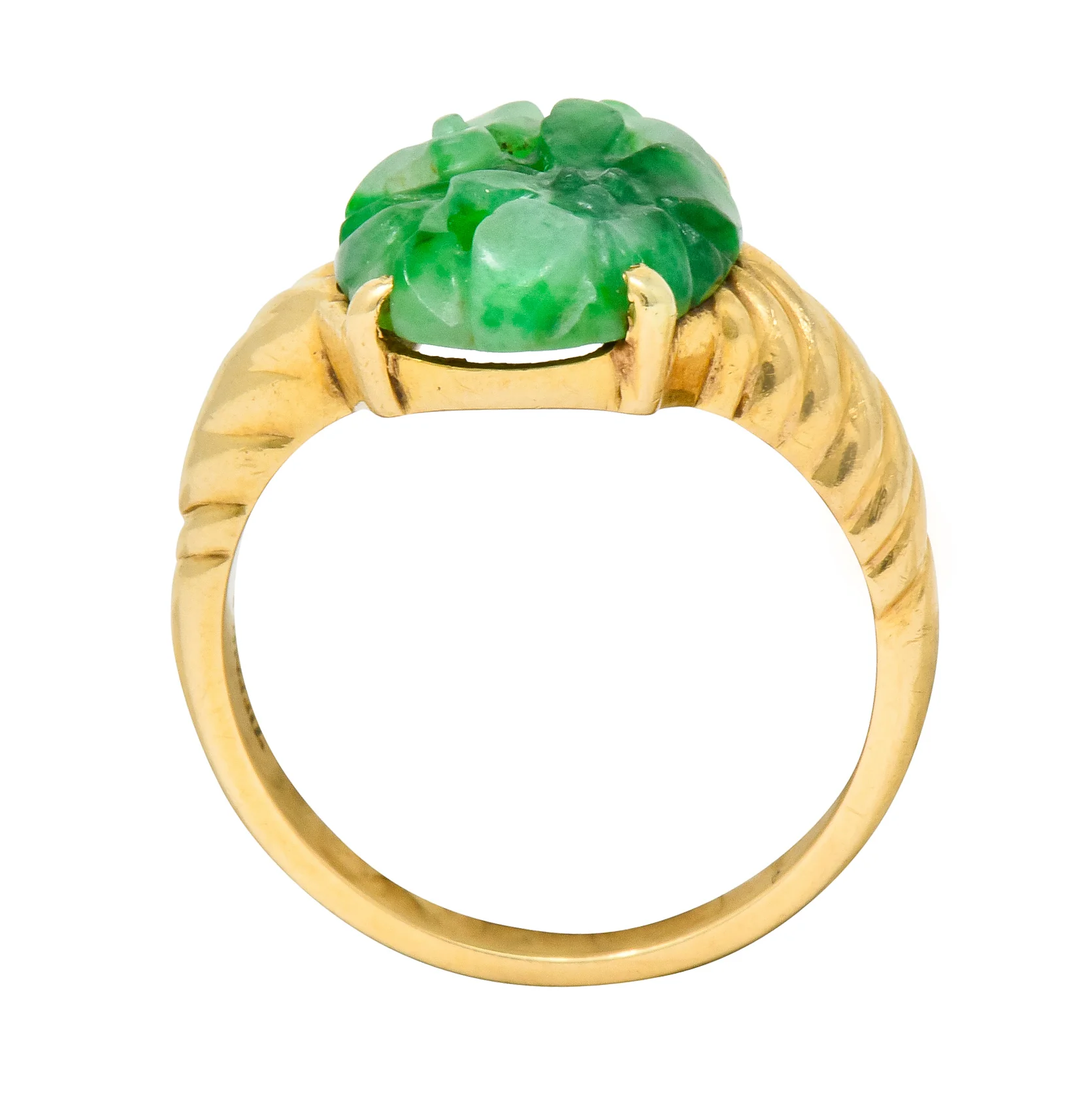 Tiffany & Co. Retro Carved Jade 14 Karat Gold Floral Ring - Image 9